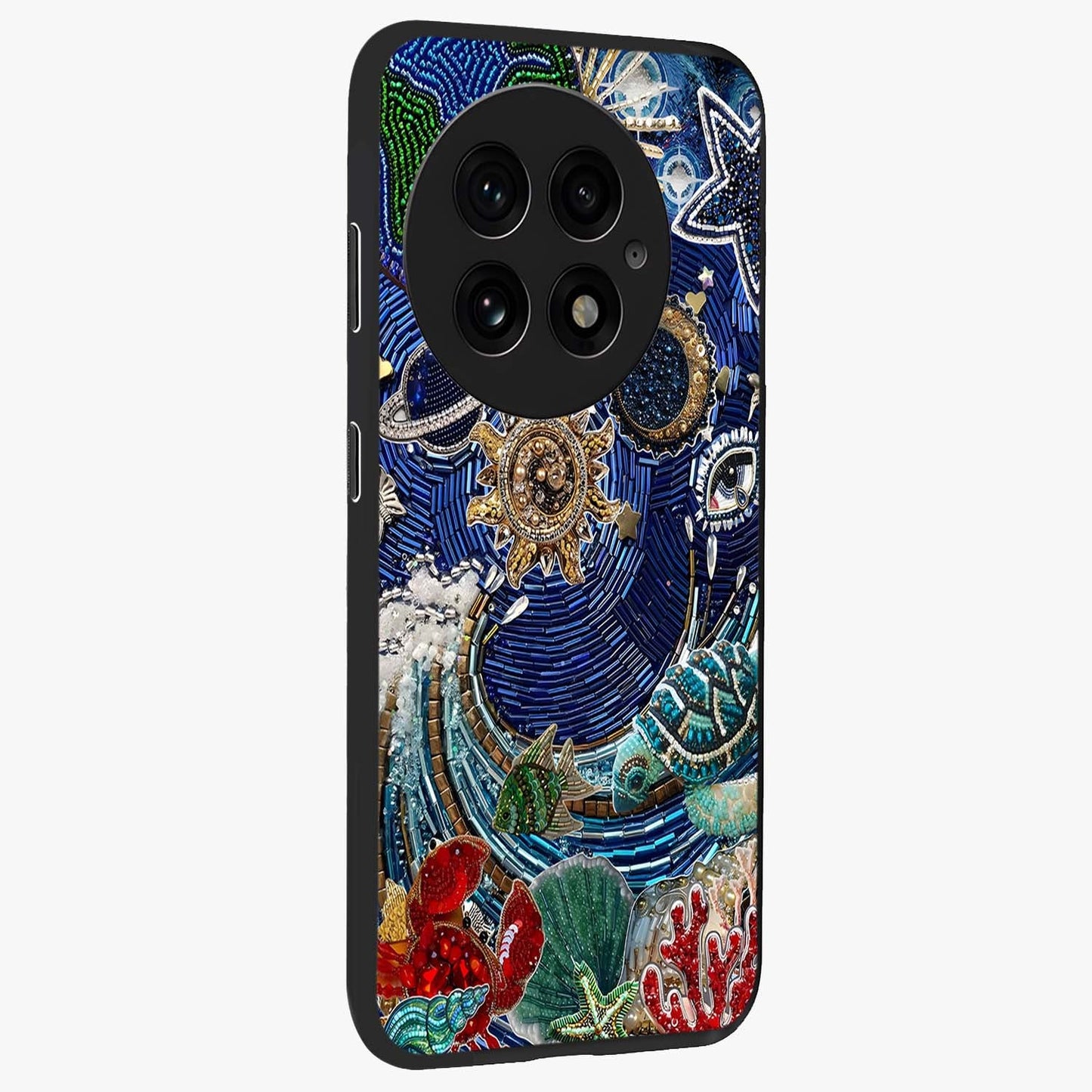 Universe Underwater Spark Glass Case for 1+13 side perspective highlighting luminous textures and smooth build