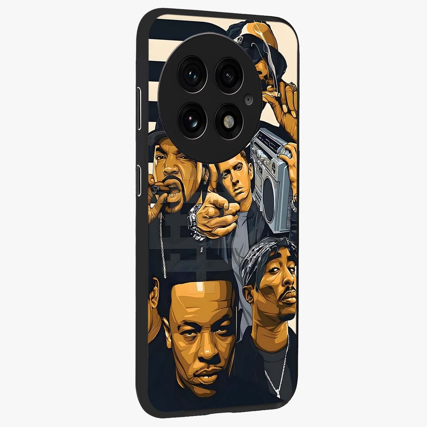 Urban Rap Legends Glass Case for 1+13 side perspective highlighting graphic textures and premium edges