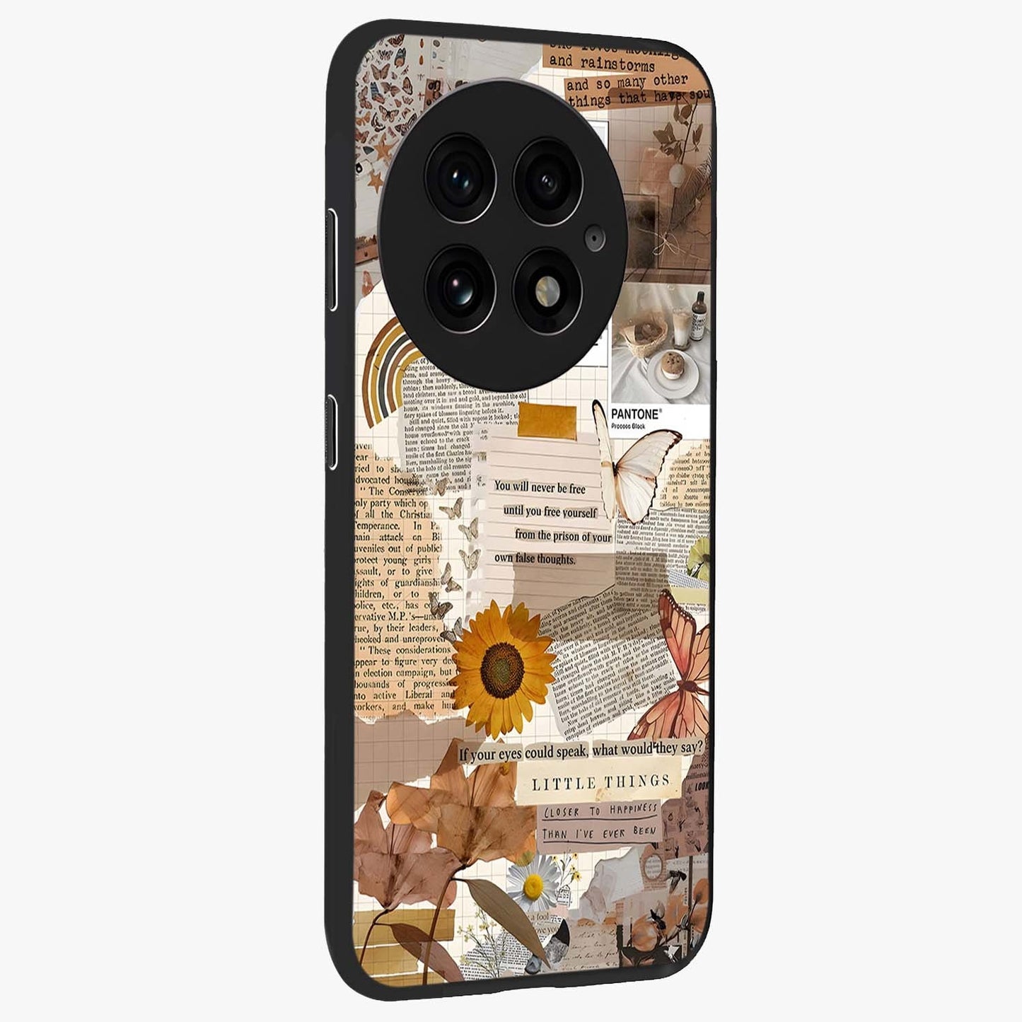 Vintage Aesthetic Collage Glass Case for 1+13 side perspective highlighting textured layers and premium edges