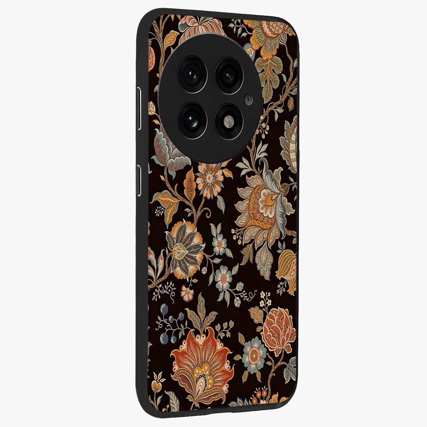 Vintage Floral Dream Glass Case for 1+13 side perspective highlighting delicate textures and sleek premium build