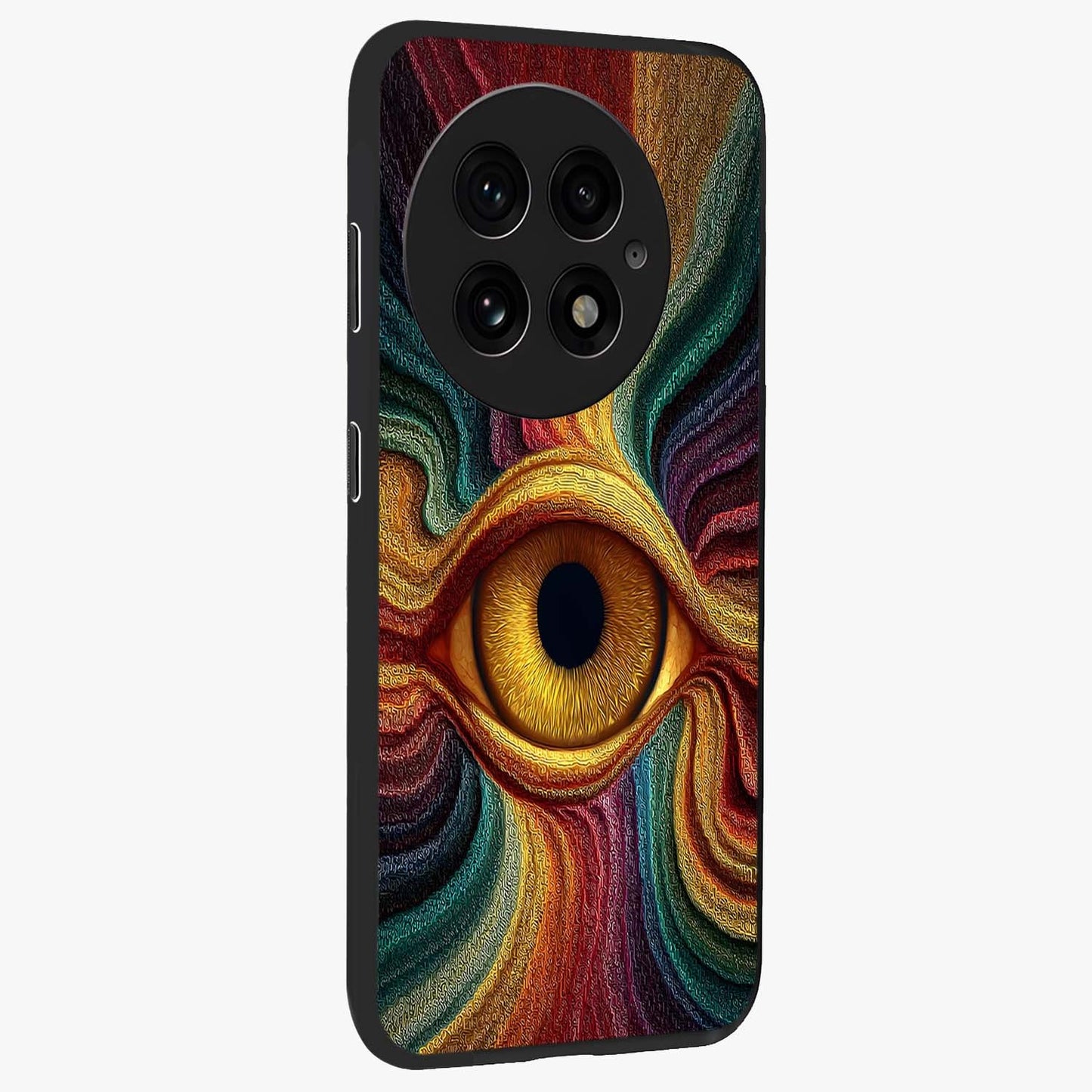 Visionary Flame Core Glass Case for 1+13 side perspective highlighting dynamic textures and sleek premium build