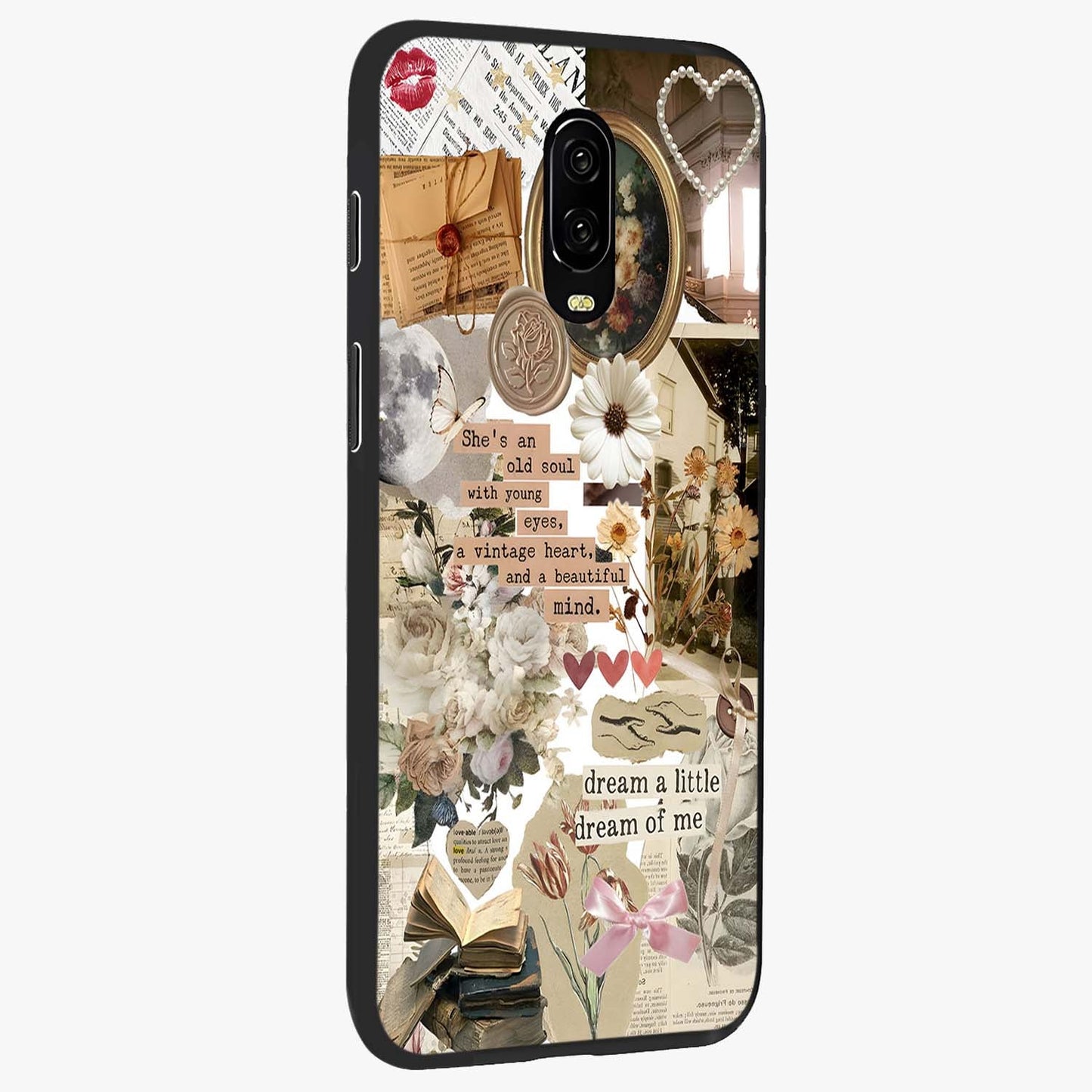 Aesthetic Brown Vintage Collage Glass Case upright view showcasing nostalgic retro artwork with stylish vintage theme.