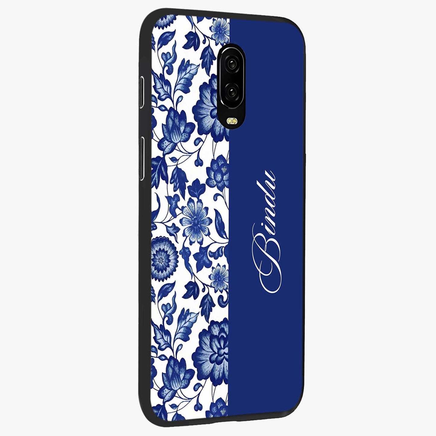 Blue Vintage Floral Pattern Glass Case upright view showcasing delicate blush floral texture with modern minimal style.