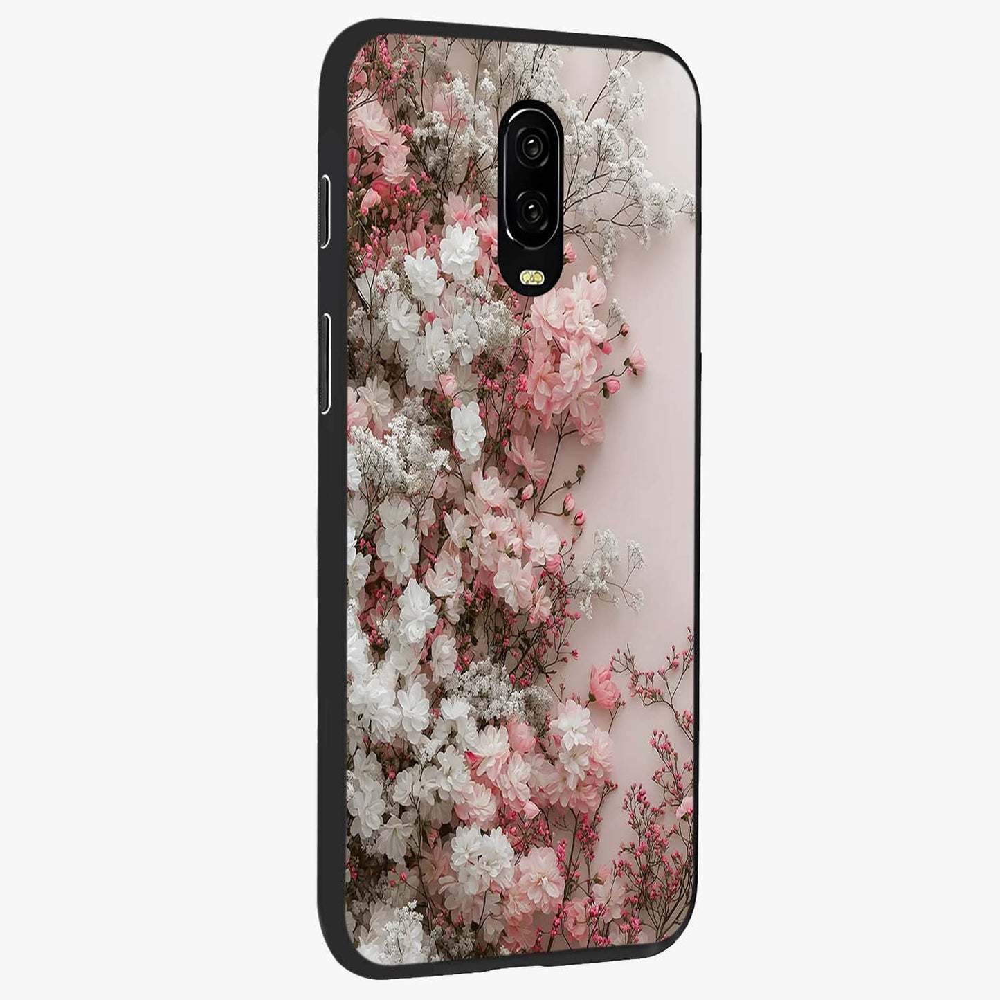 Blush Blossom Cloud Glass Case upright view showcasing calm floral cloud artwork with gentle dreamy theme.