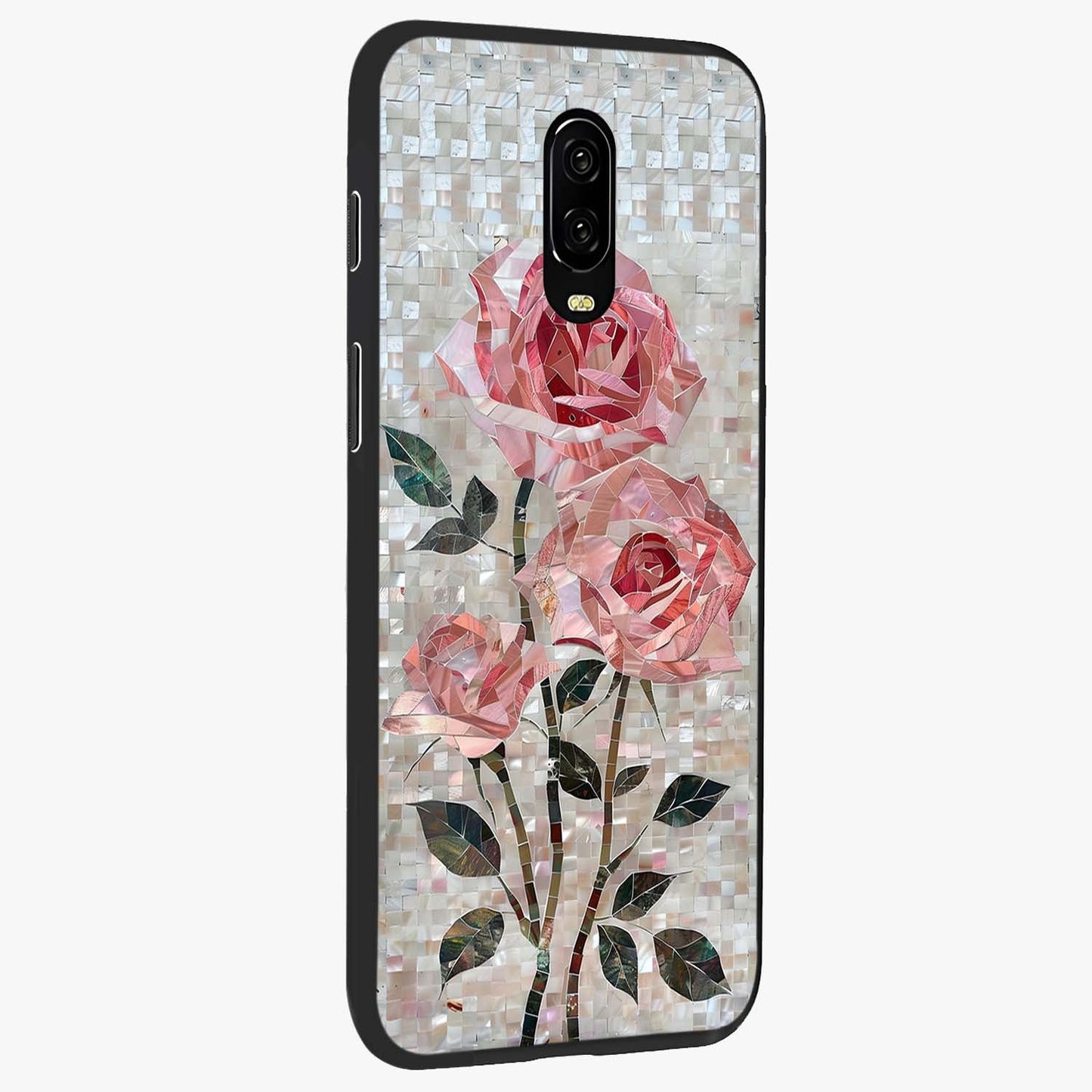 Blush Mosaic Bloom Glass Case upright view showcasing decorative floral mosaic artwork with stylish modern aesthetic.