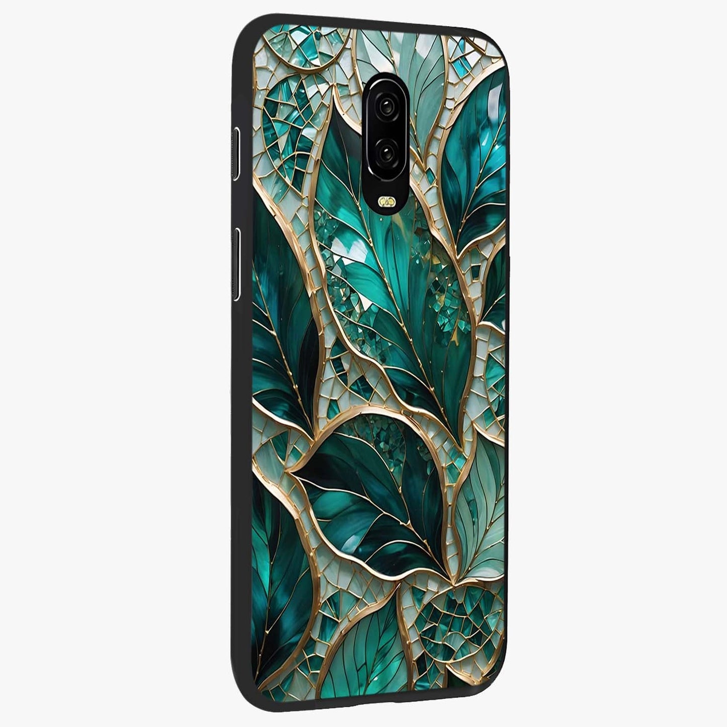 Emerald Leaf Glass Glass Case upright view showcasing fresh green leaf artwork with calming nature inspired style.