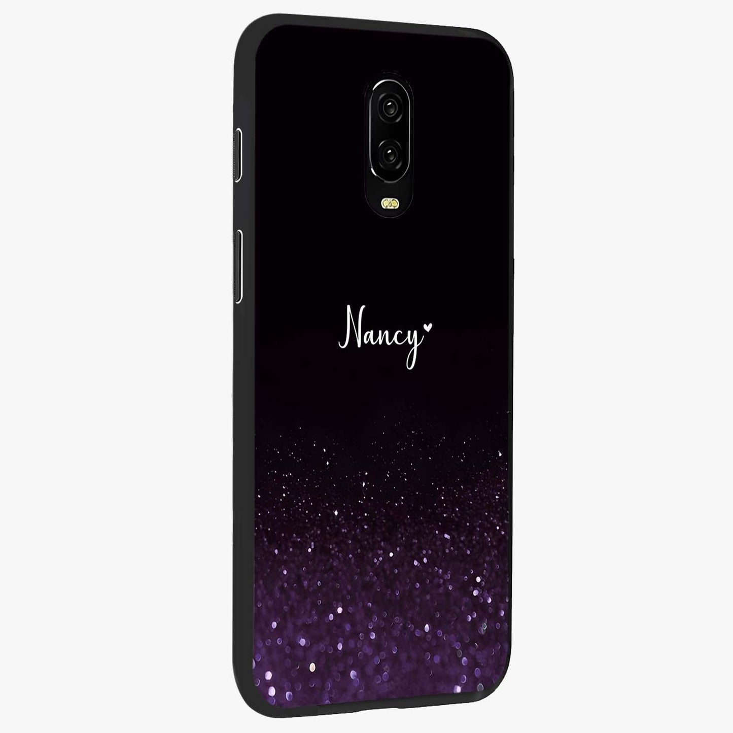 Glittery Purple Bokeh Custom Name Glass Case upright view showcasing vibrant purple sparkle artwork with personalized aesthetic style.