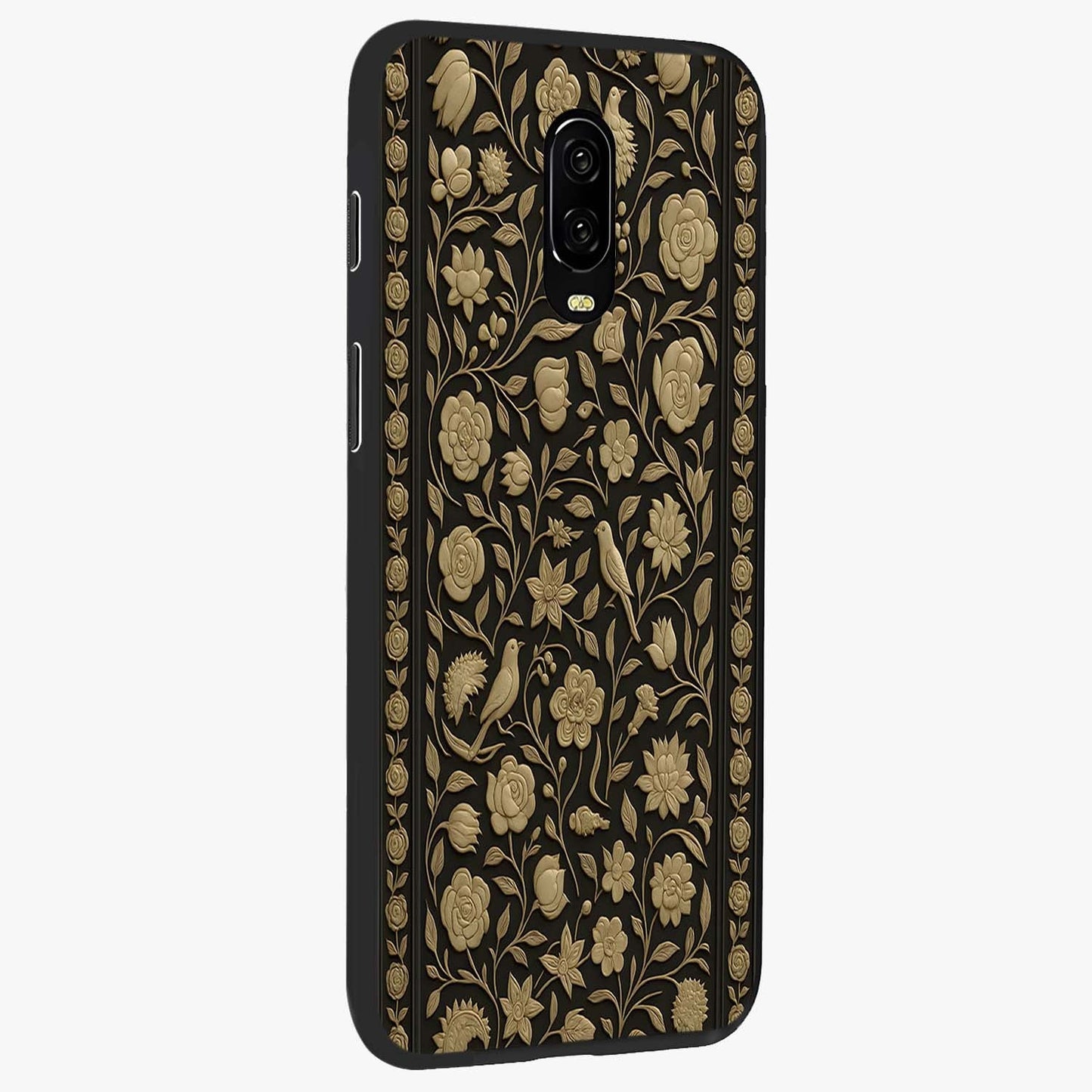 Golden Floral Majesty Glass Case upright view showcasing majestic floral artwork with rich decorative theme.