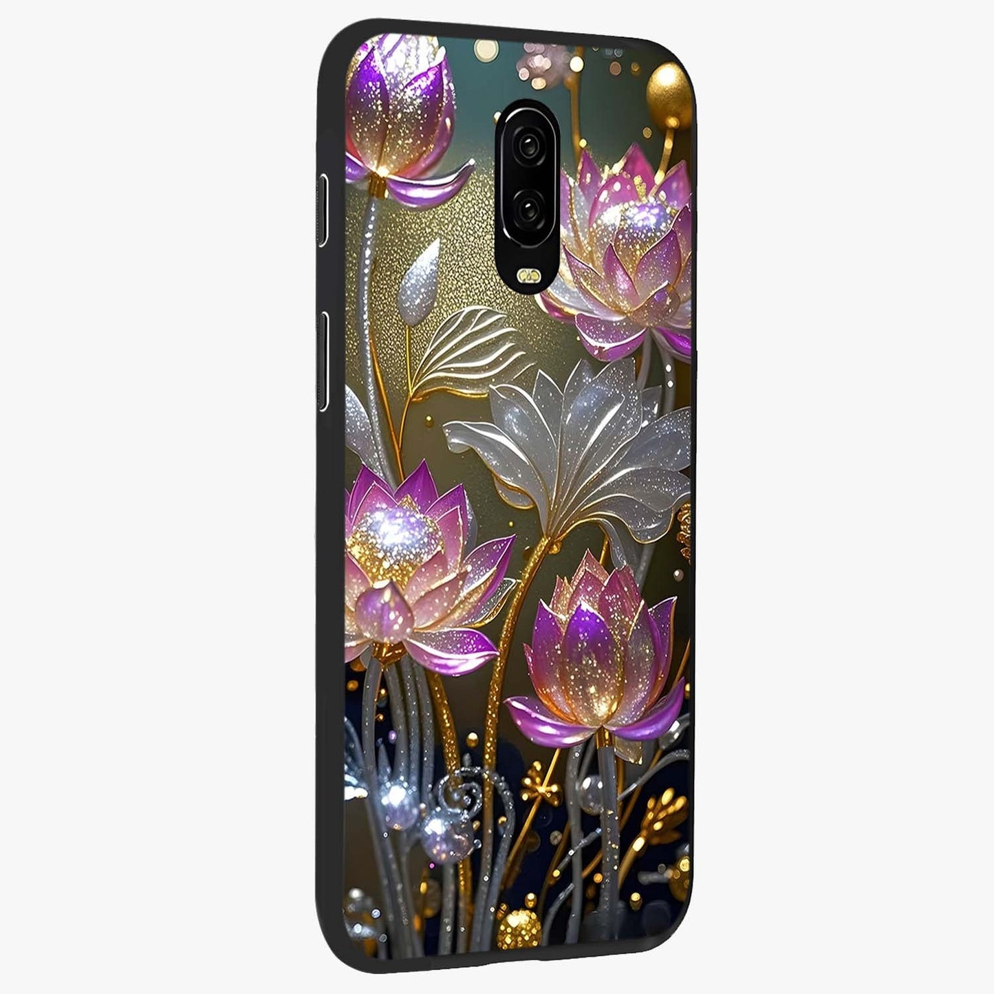 Golden Lotus Glow Glass Case upright view showcasing luminous lotus artwork with peaceful divine theme.