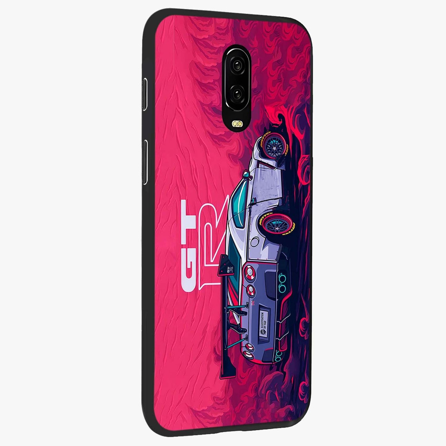 GT-R Car Pattern Glass Case upright view showcasing dynamic car pattern artwork with modern sports theme.