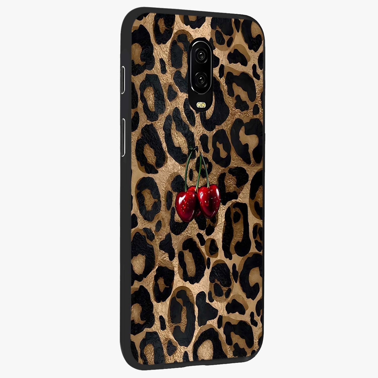 Leopard Wild Cherry Glass Case upright view showcasing stylish leopard pattern artwork with trendy fashion theme.