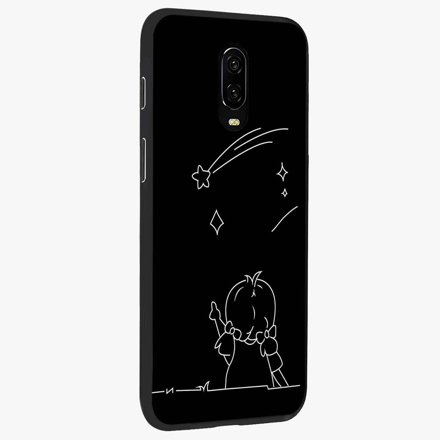 Line Art Girl With Shooting Stars Glass Case upright view showcasing delicate shooting stars artwork with minimal artistic theme.