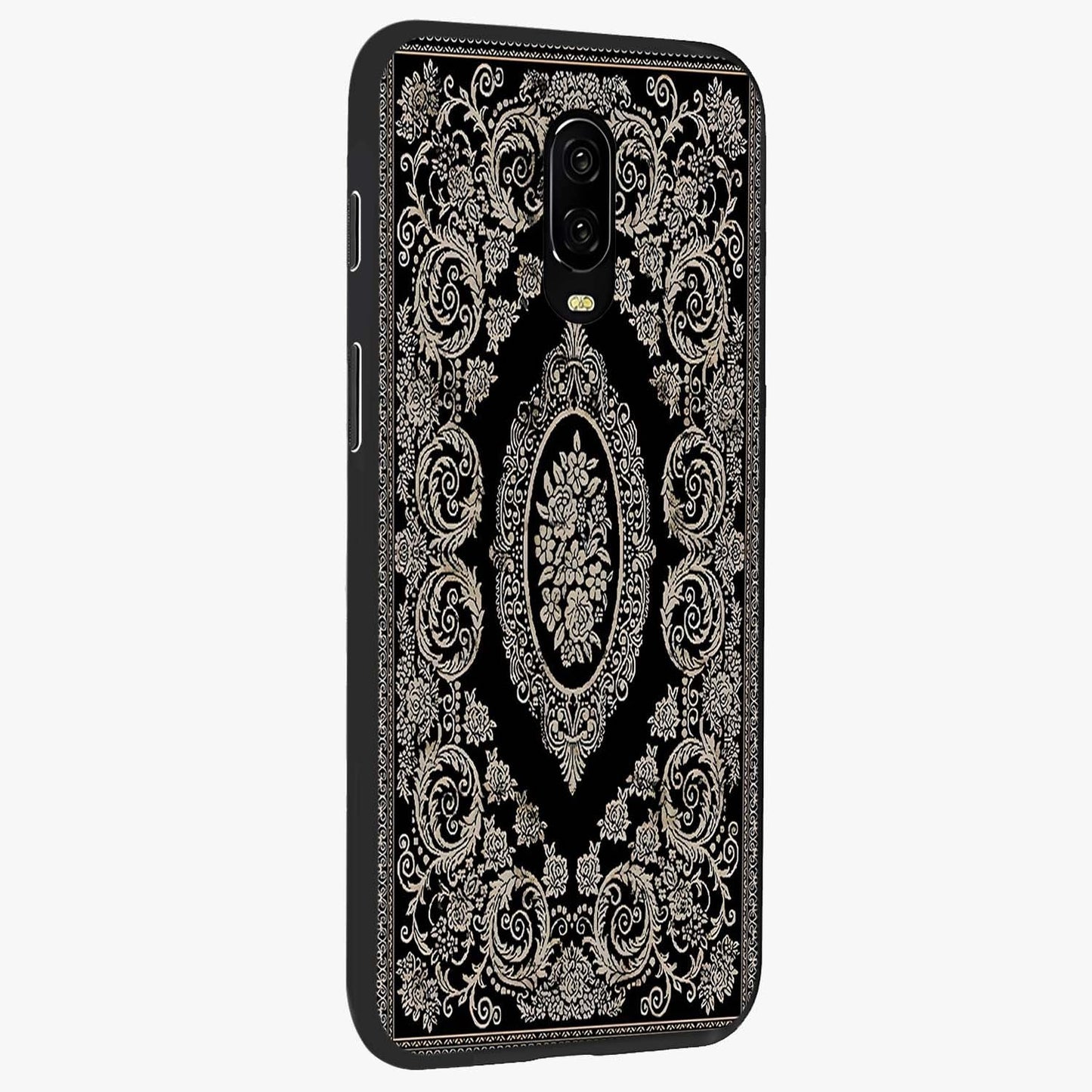 Noir Bloom Elegance Glass Case upright view showcasing graceful floral artwork with luxurious dark theme.