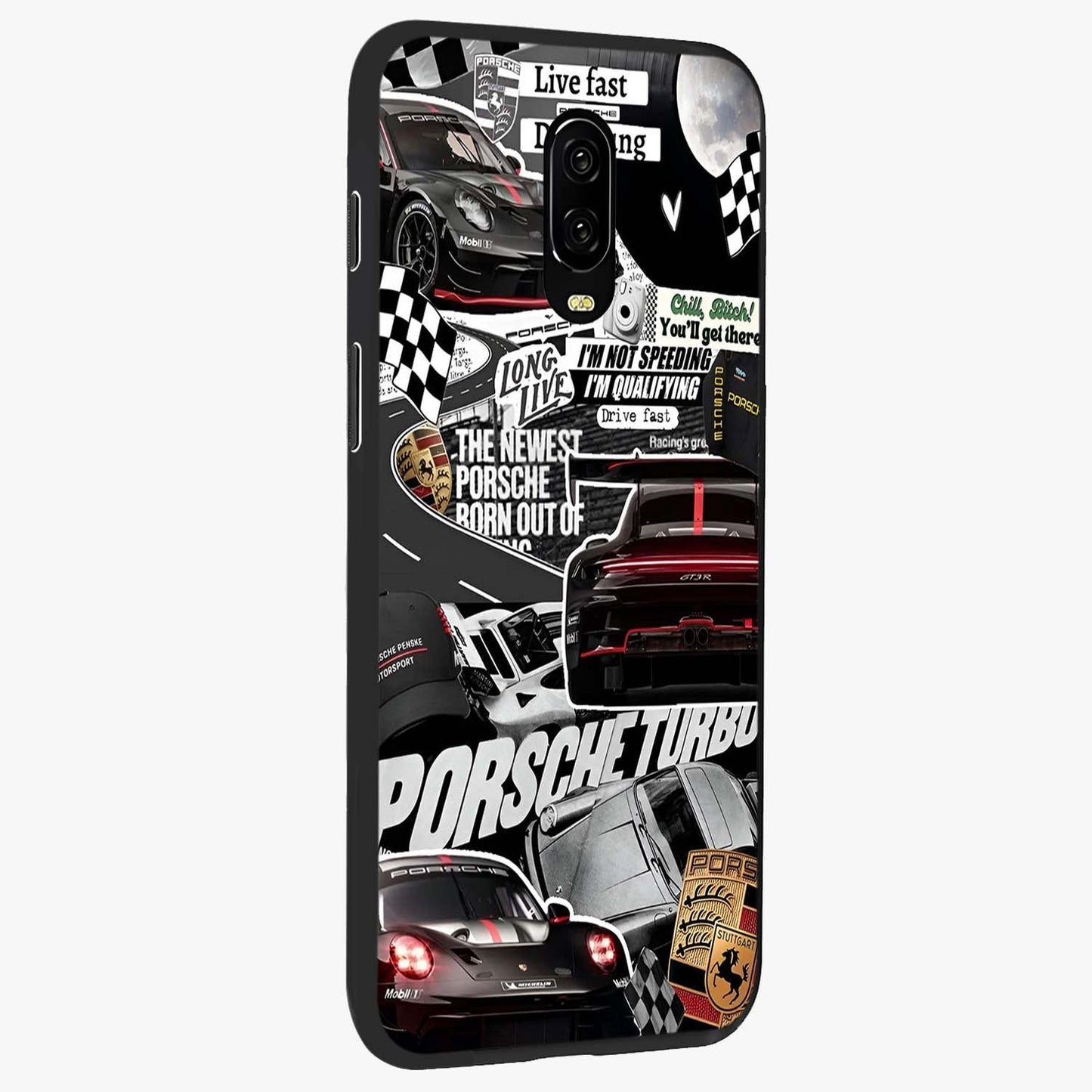 Porsche Racing Collage Glass Case upright view showcasing energetic car collage artwork with high speed racing theme.