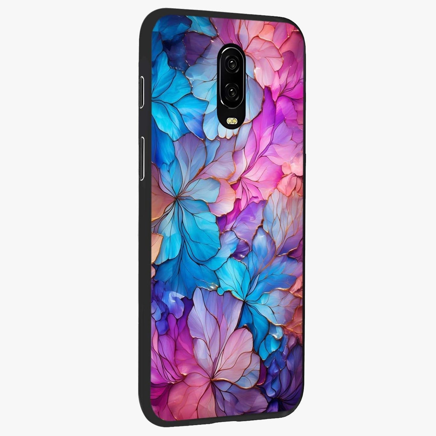 Radiant Floral Whirl Glass Case upright view showcasing lively floral artwork with decorative swirl theme.