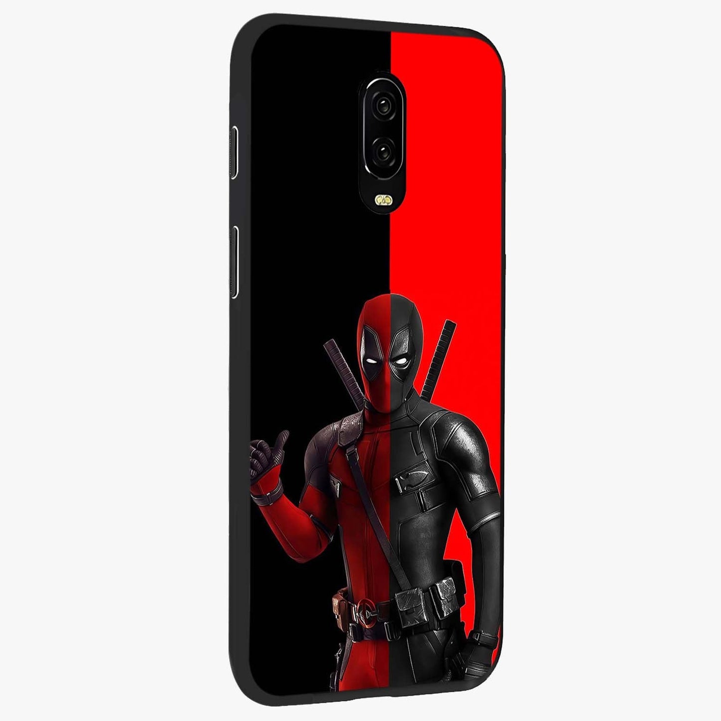 Red & Black Deadpool Theme Glass Case upright view showcasing energetic comic themed artwork with striking red and black design.