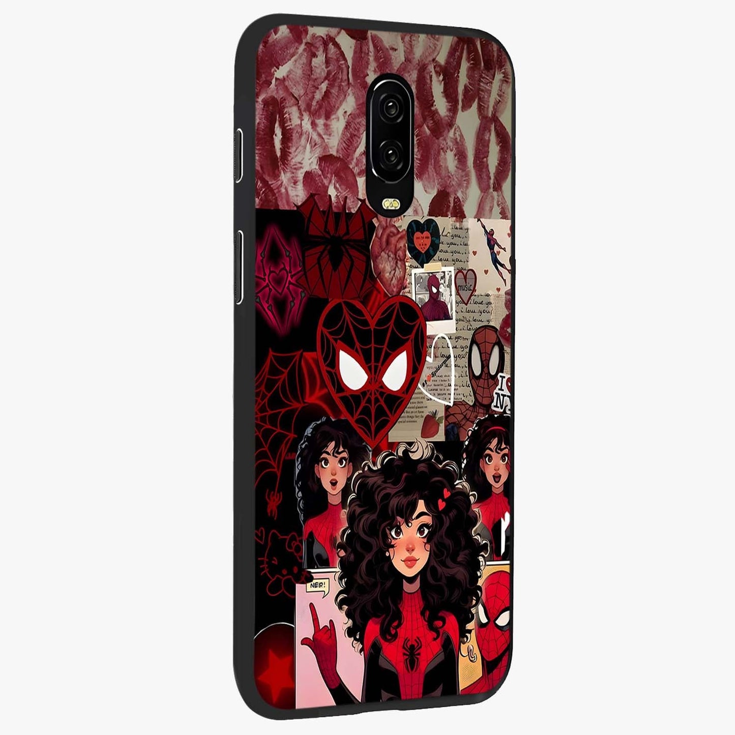 Spider Love Story Glass Case upright view showcasing charming superhero artwork with romantic comic theme.