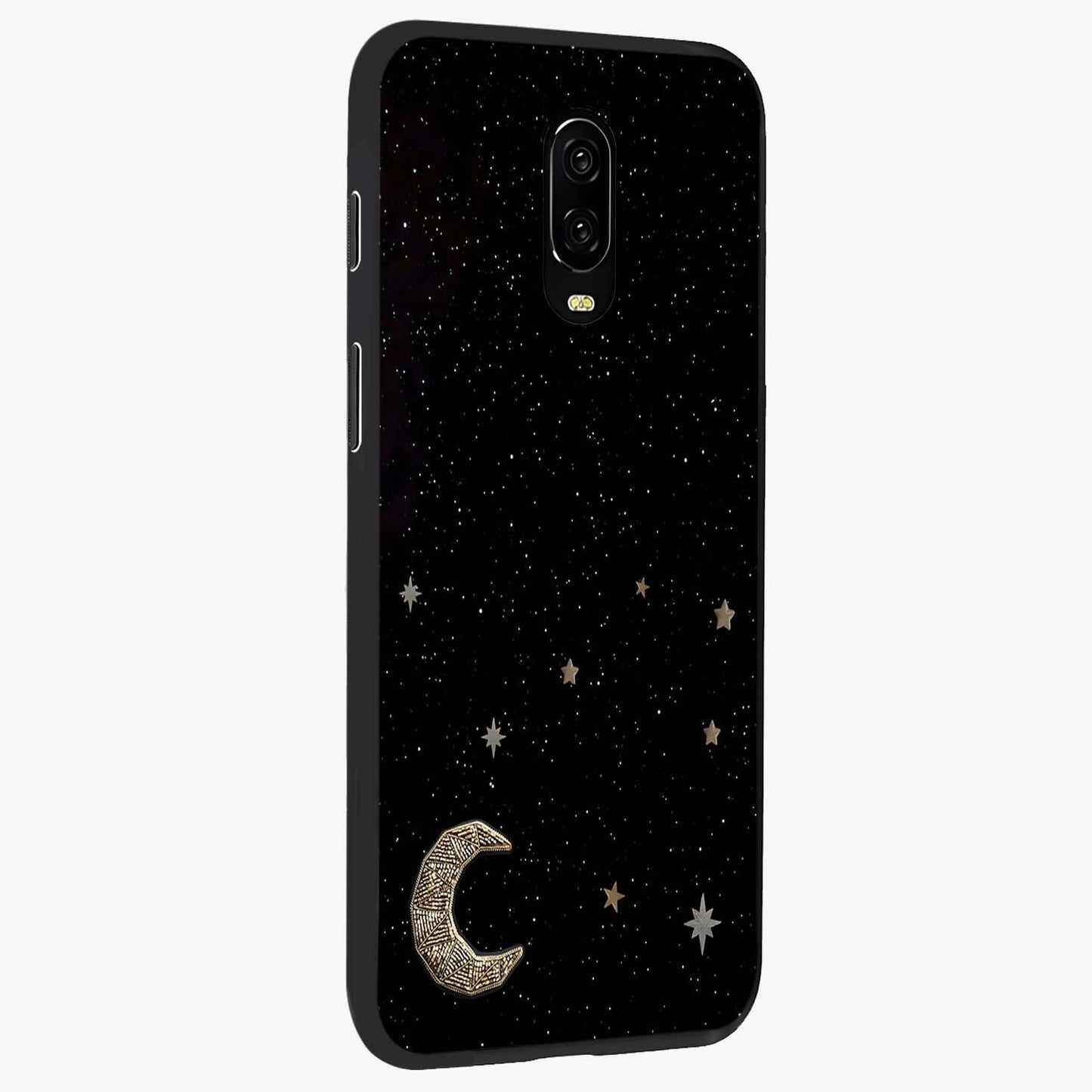 Twinkle Star With Half Moon Glass Case upright view showcasing glowing cosmic artwork with dreamy night theme.