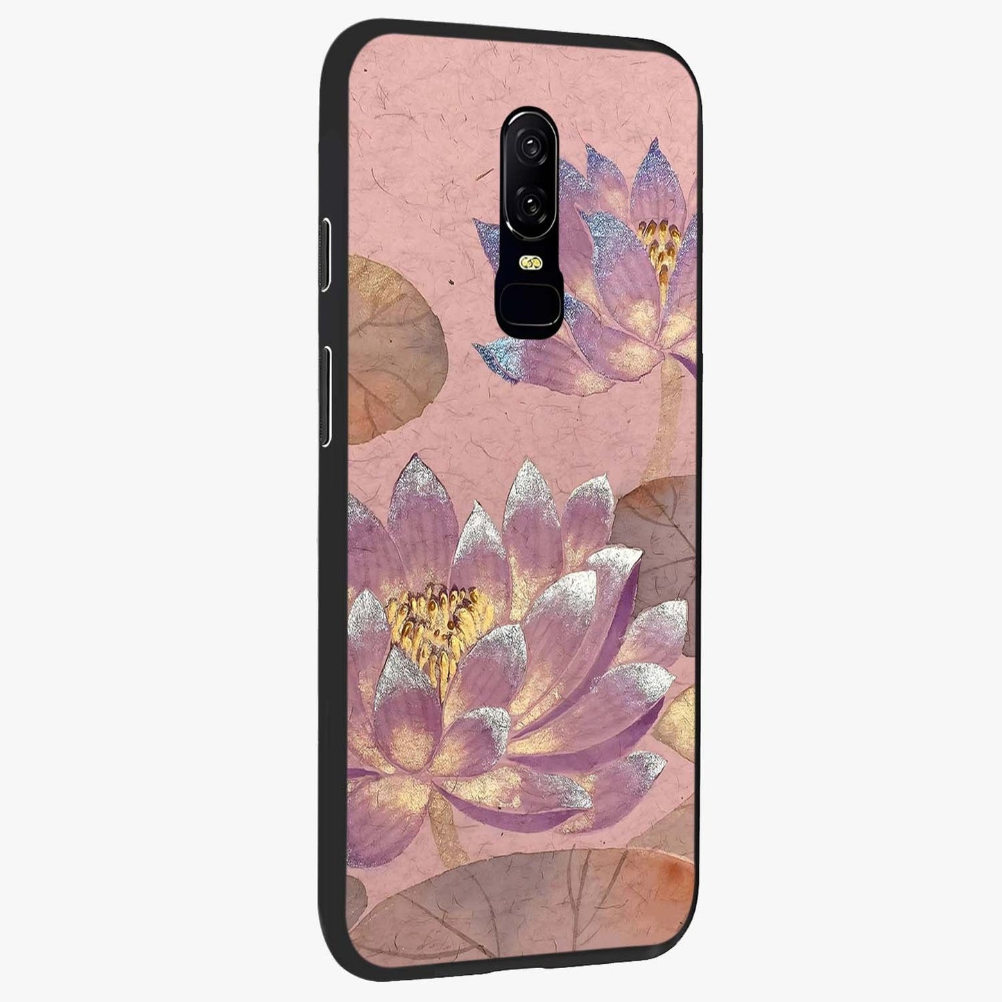 Blossom Mist Lotus Glass Case upright view showcasing graceful lotus flower design with peaceful botanical style.