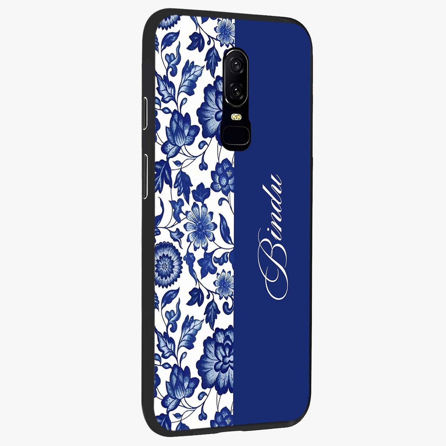 Blue Vintage Floral Pattern Glass Case upright view showcasing delicate blush floral texture with modern minimal style.
