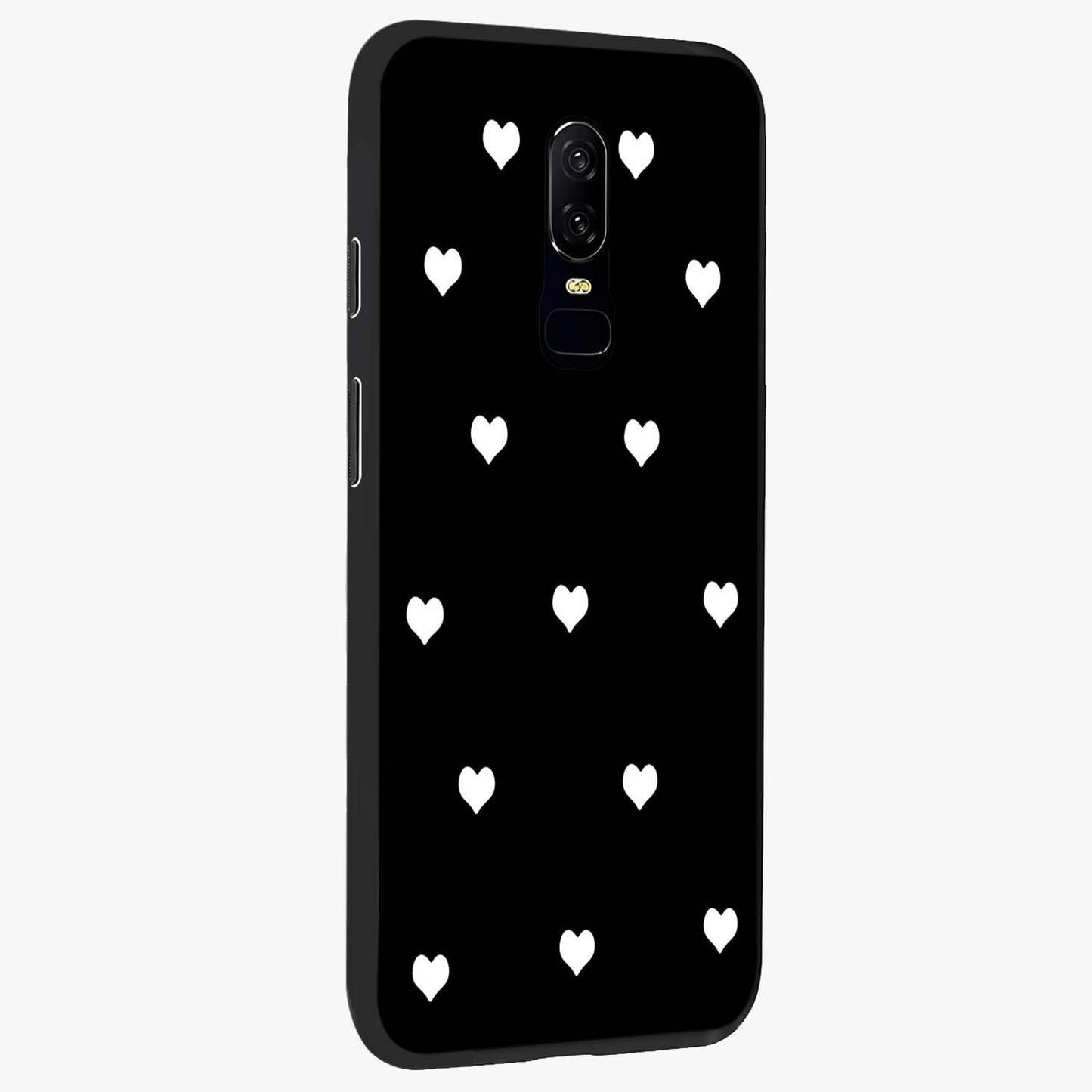 Cute And Simple White Hearts Glass Case upright view showcasing simple white hearts artwork with soft minimal theme.