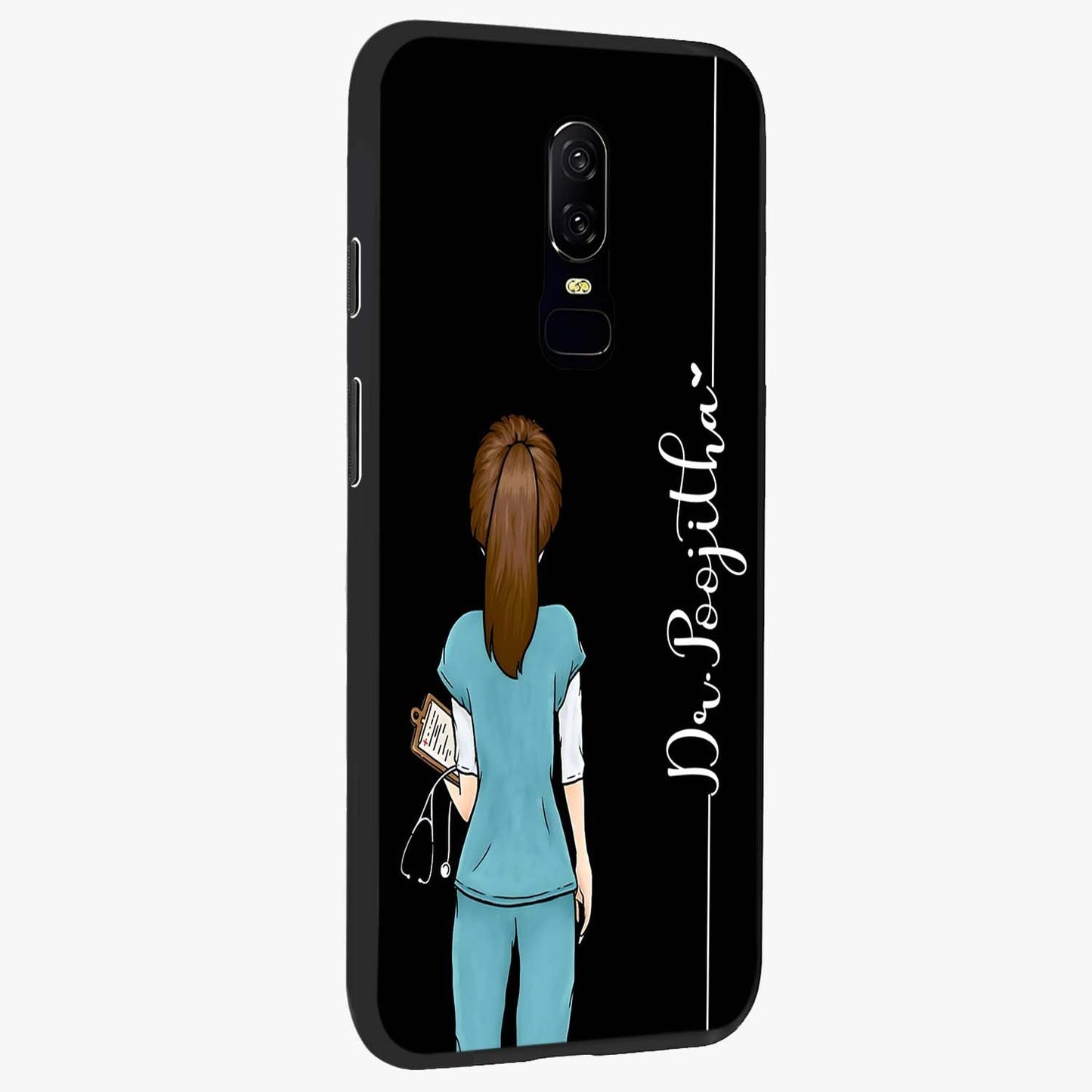 Doctor Pattern Custom Name Glass Case upright view showcasing healthcare themed design with personalized aesthetic.