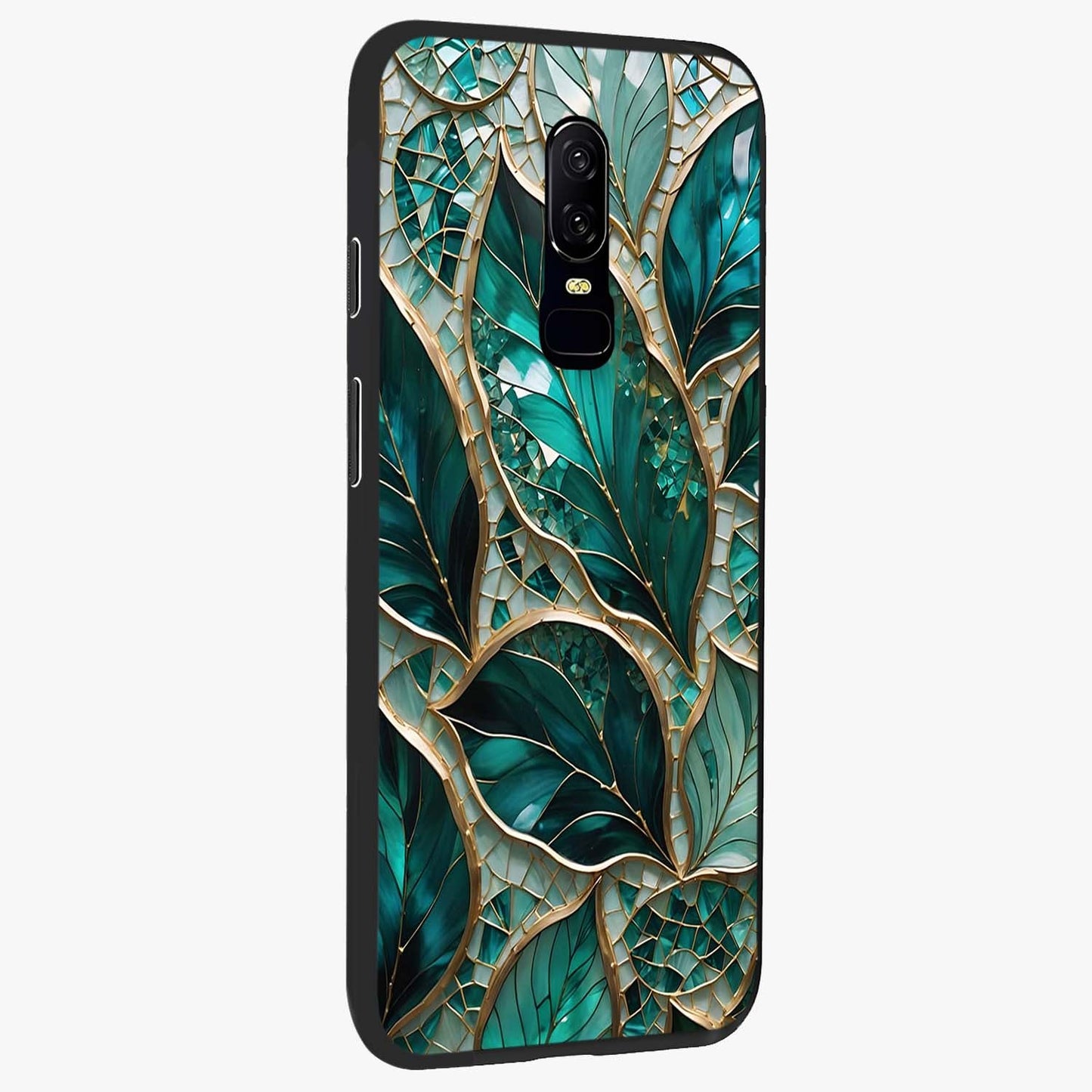 Emerald Leaf Glass Glass Case upright view showcasing fresh green leaf artwork with calming nature inspired style.