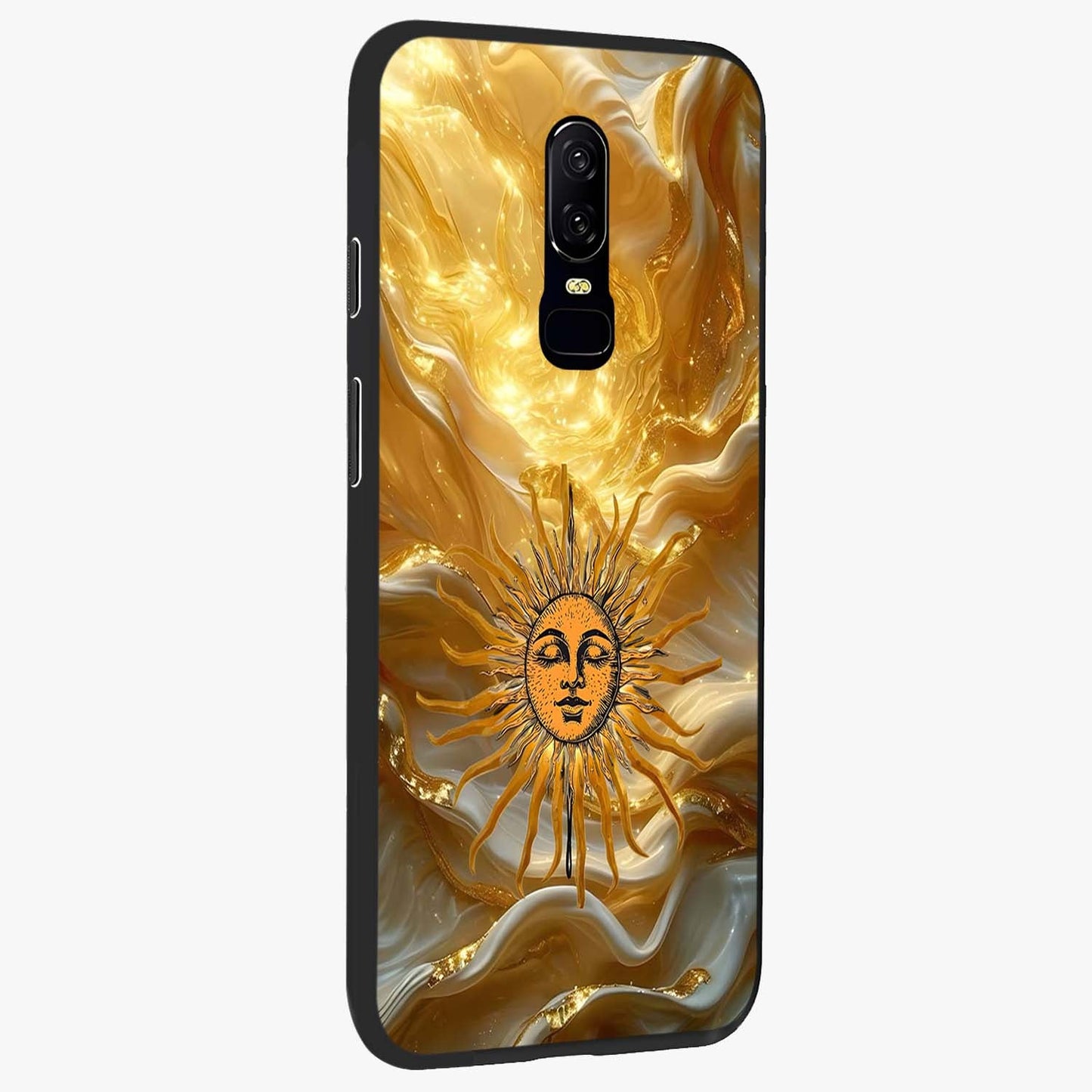 Eternal Golden Glow Glass Case upright view showcasing luminous golden artwork with luxurious visual theme.