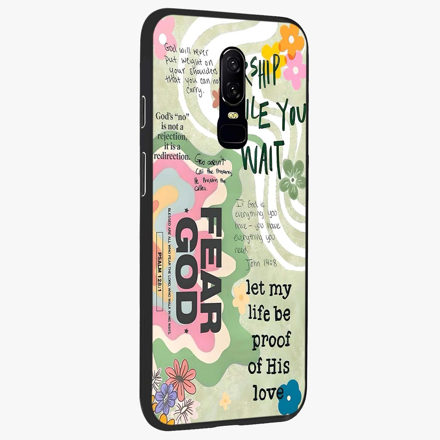 Faith Over Fear Glass Case upright view showcasing bold typography artwork with uplifting motivational theme.