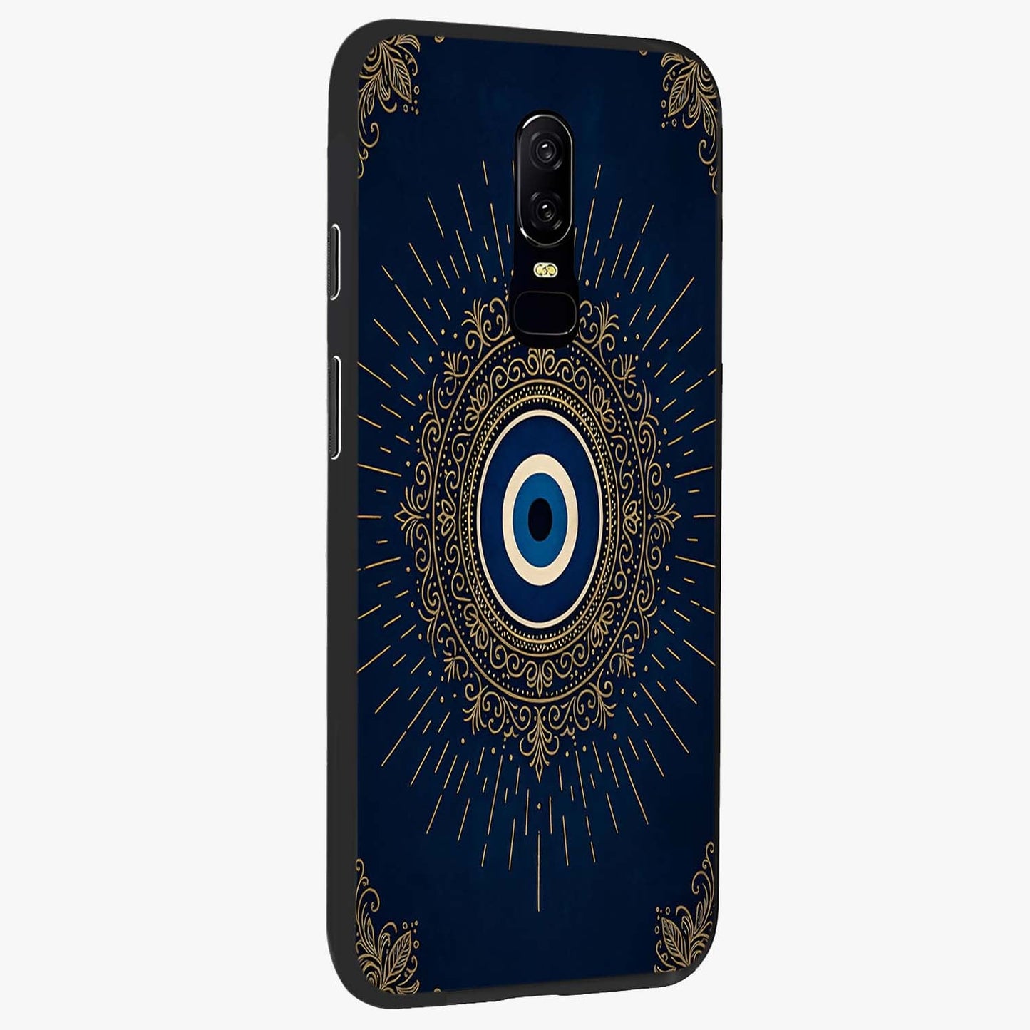 Golden Celestial Charm Glass Case upright view showcasing radiant celestial artwork with elegant golden theme.