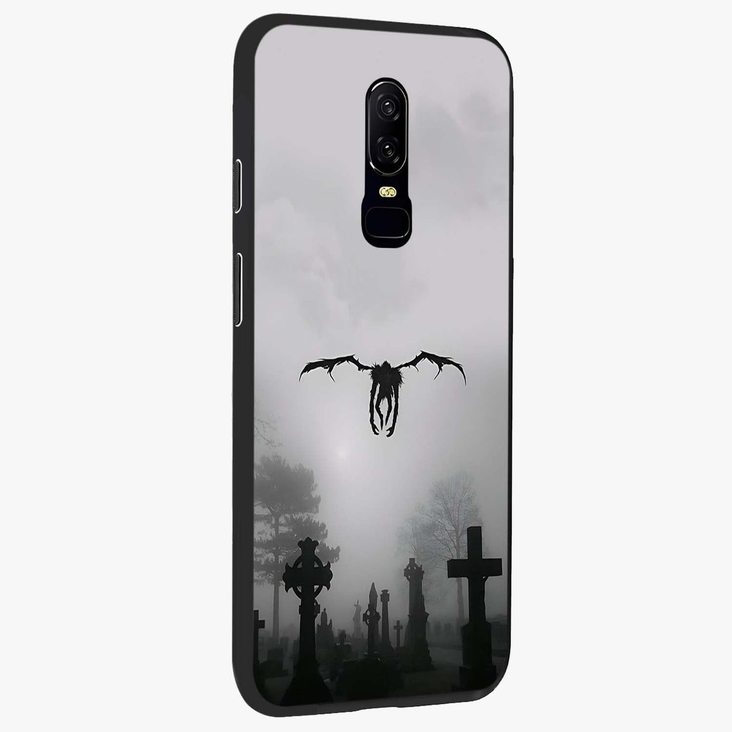 Graveyard Shadow Descent Glass Case upright view showcasing haunting graveyard artwork with dramatic dark theme.