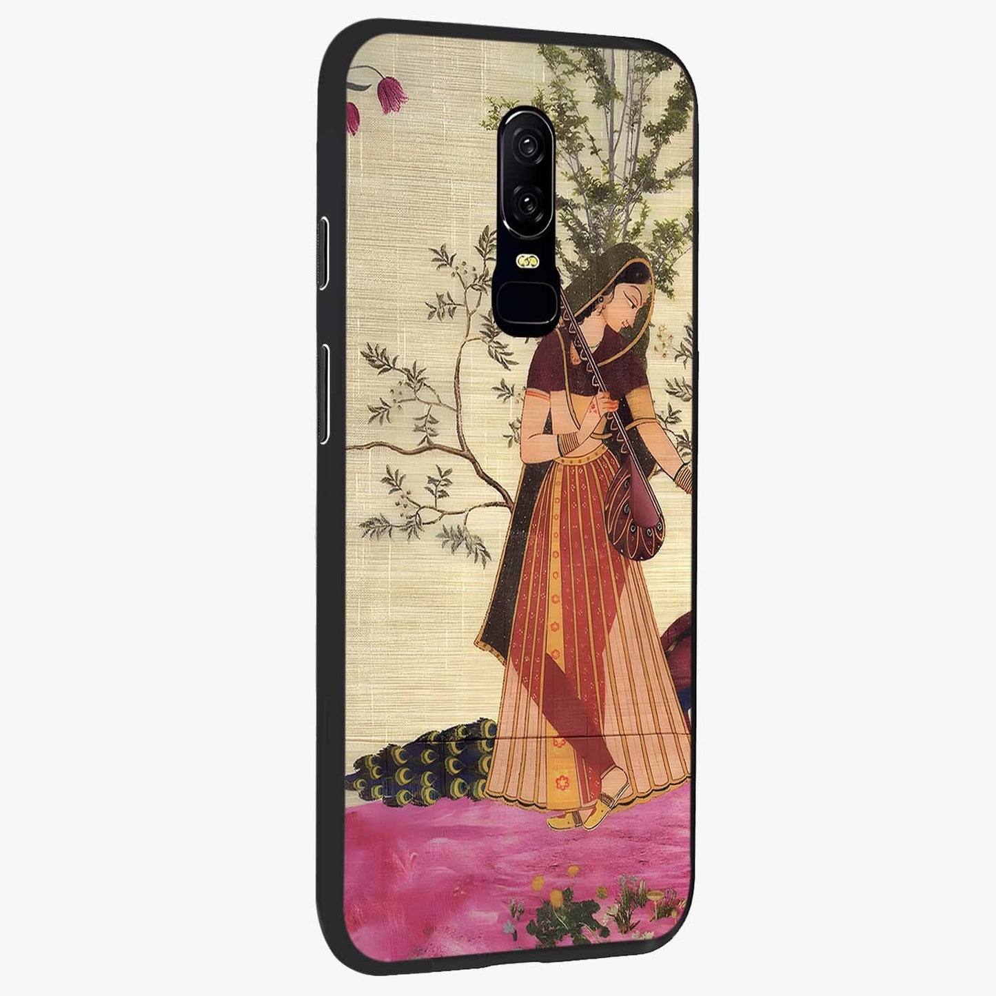 Lady With Veena Art Glass Case upright view showcasing classical veena artwork with traditional artistic theme.