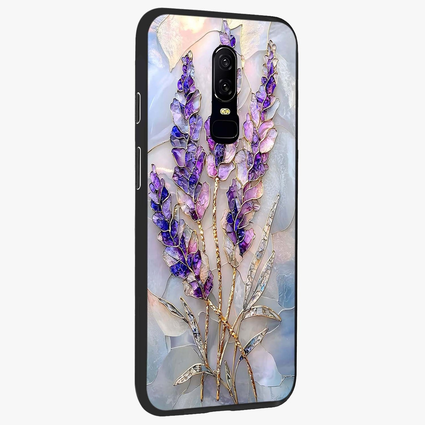 Lavender Dream Glow Glass Case upright view showcasing radiant lavender glow artwork with calming dreamy theme.