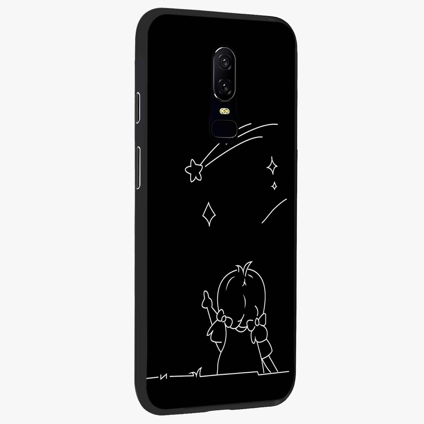 Line Art Girl With Shooting Stars Glass Case upright view showcasing delicate shooting stars artwork with minimal artistic theme.