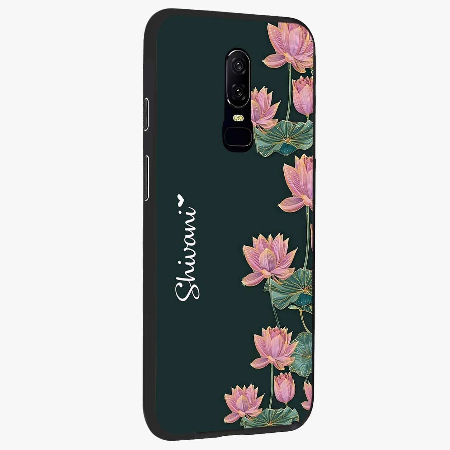 Lotus Bloom Serenity Custom Name Glass Case upright view showcasing serene lotus bloom artwork with personalized floral aesthetic.