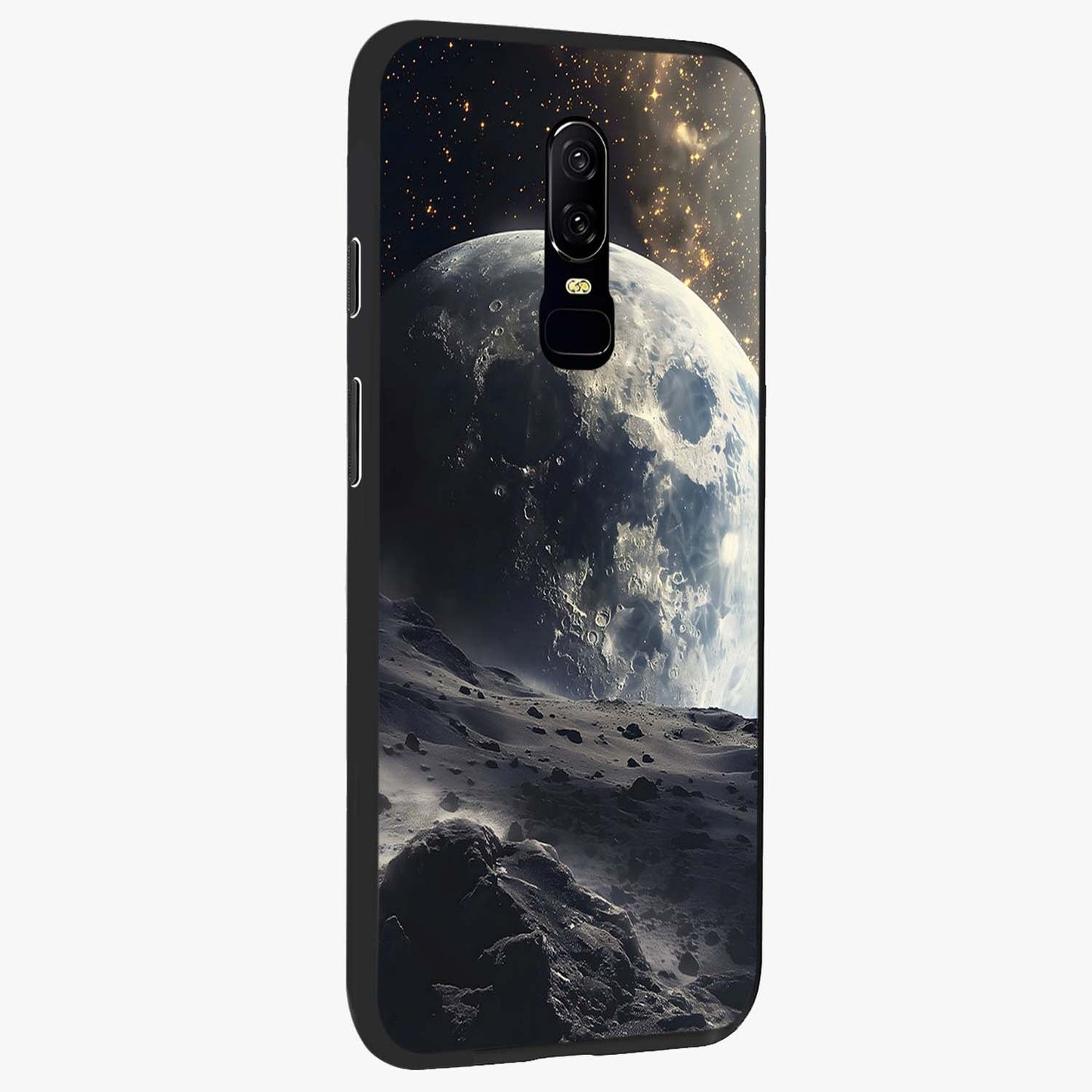 Lunar Horizon Glow Glass Case upright view showcasing radiant lunar artwork with calm cosmic theme.