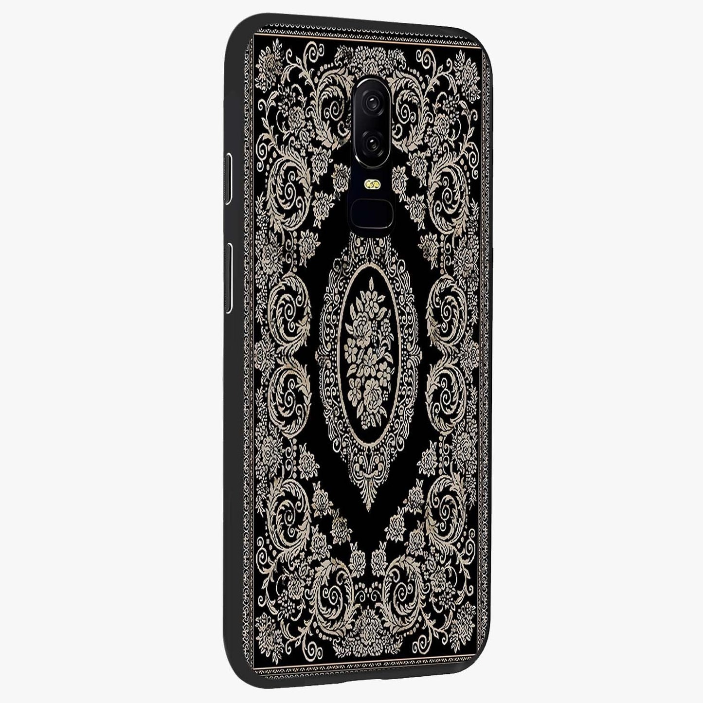 Noir Bloom Elegance Glass Case upright view showcasing graceful floral artwork with luxurious dark theme.