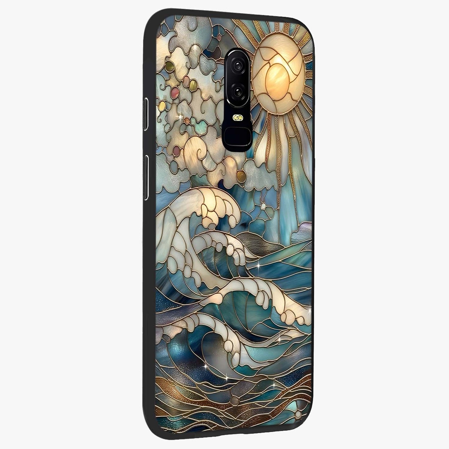 Oceanic Stained Printed Glass Case upright view showcasing decorative ocean pattern artwork with vibrant marine theme.