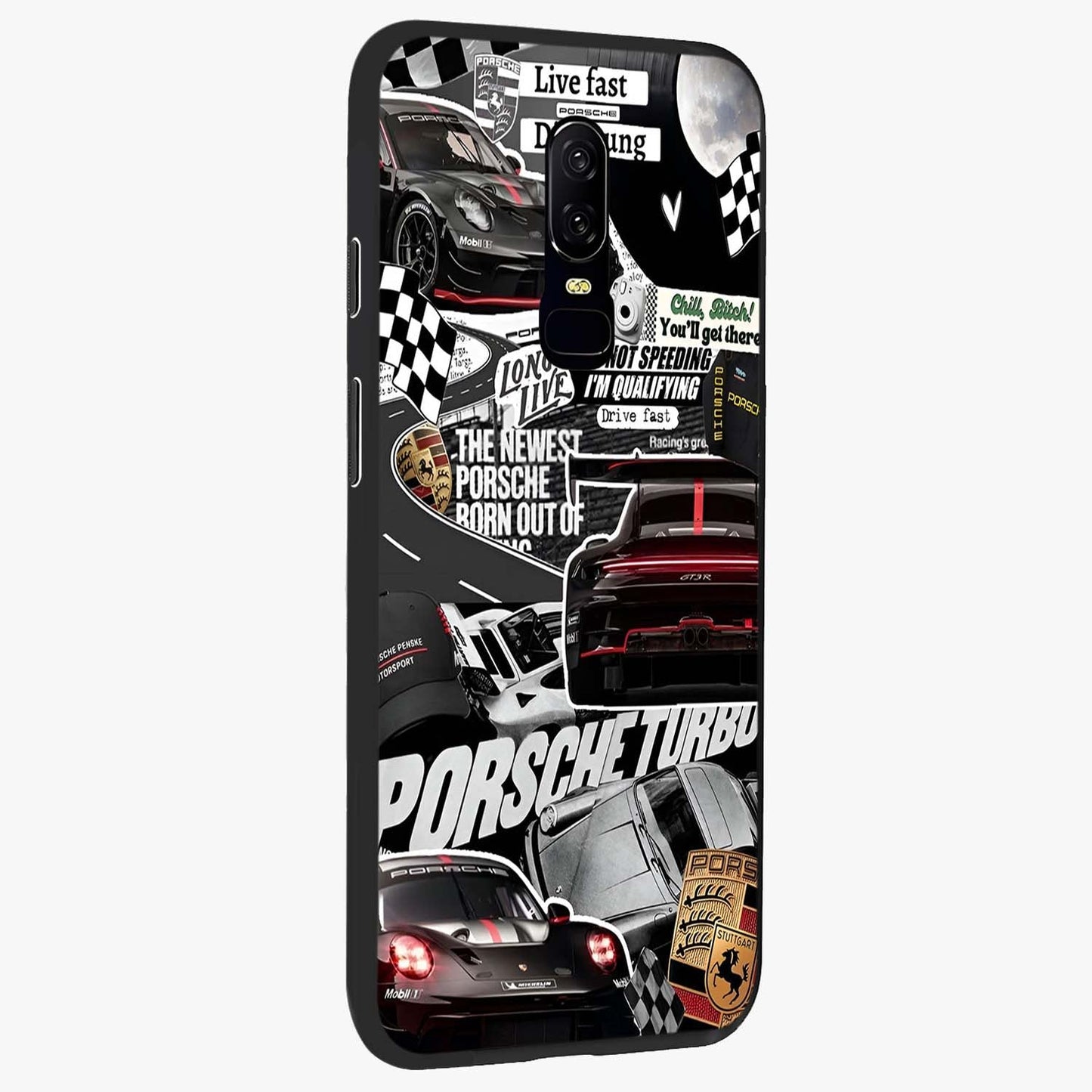 Porsche Racing Collage Glass Case upright view showcasing energetic car collage artwork with high speed racing theme.