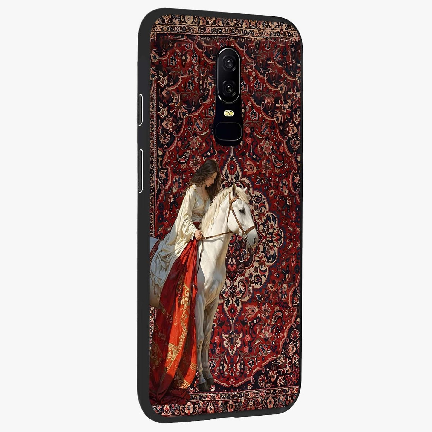 Royal Rider Tapestry Glass Case upright view showcasing detailed rider artwork with classic tapestry theme.