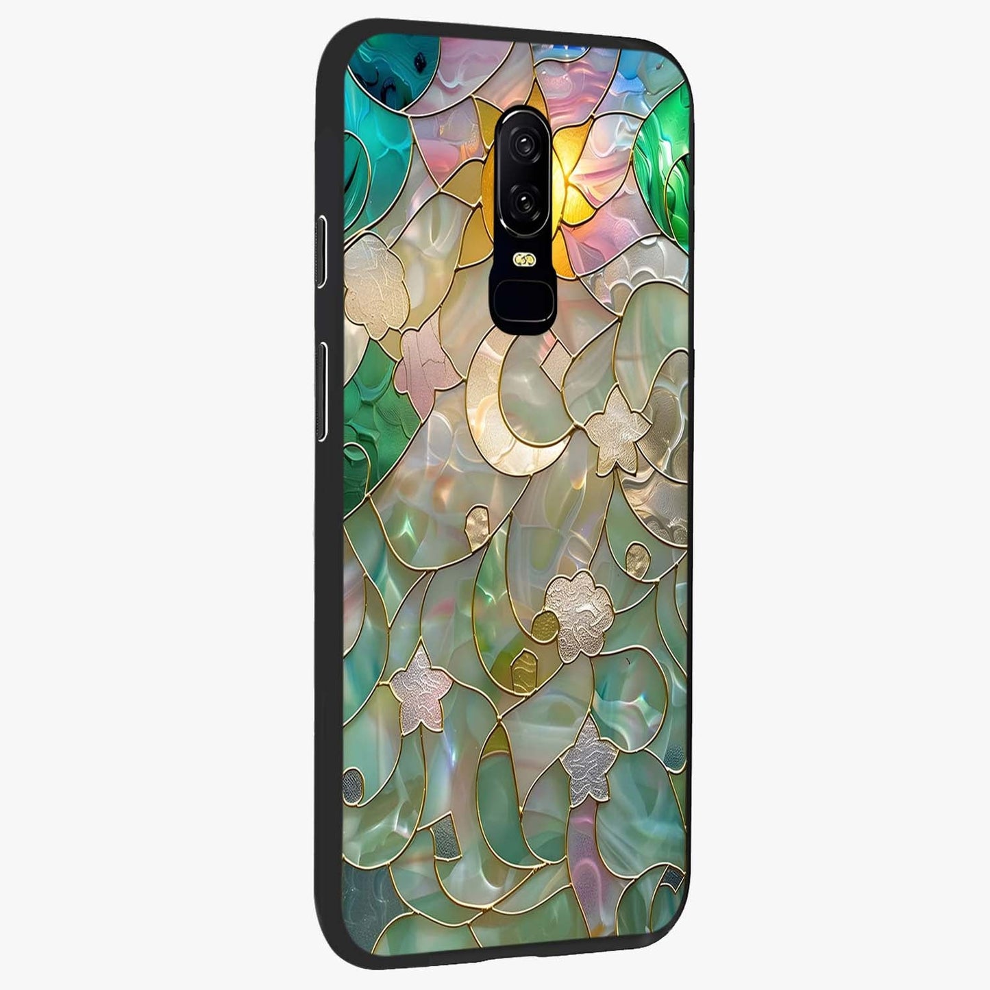 Stained Sunrise Glow Glass Case upright view showcasing colorful sunrise artwork with warm morning theme.