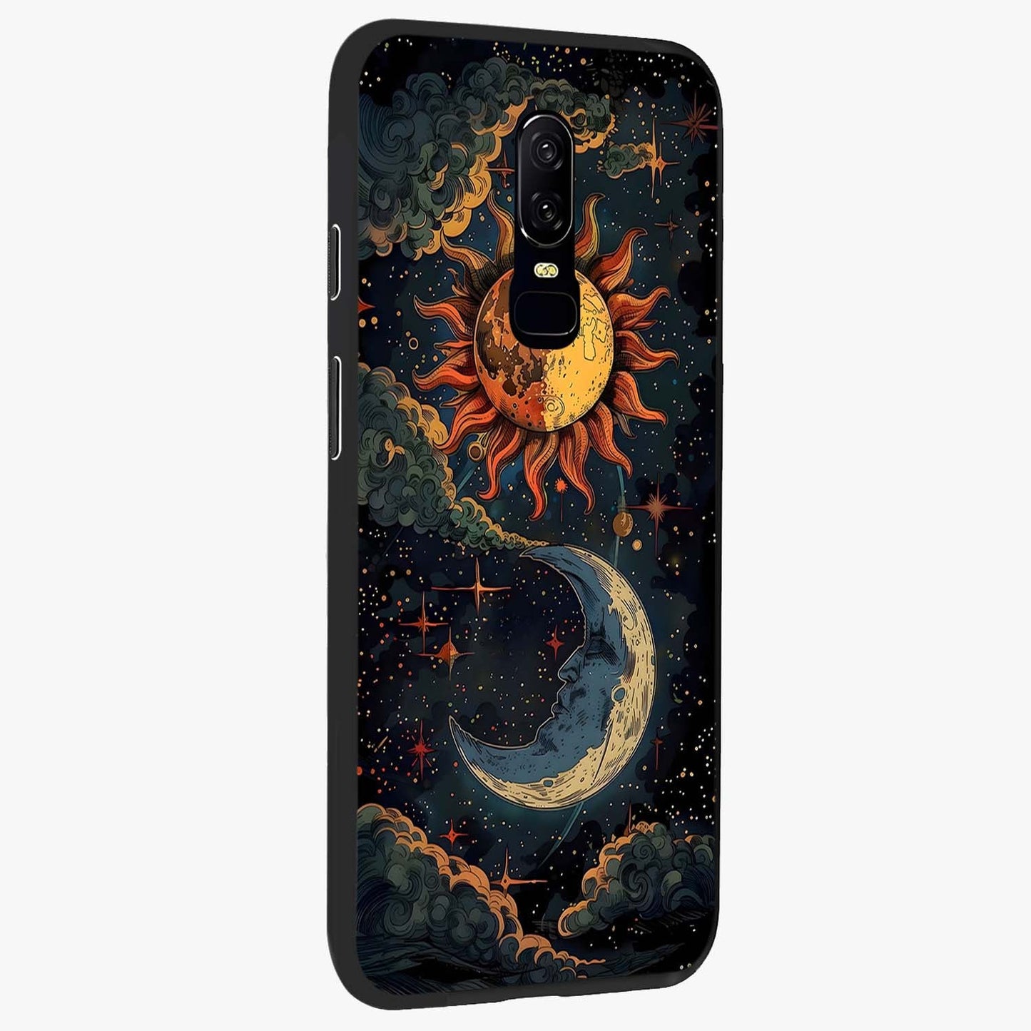 Sun And Moon Magic Design Glass Case upright view showcasing decorative sun and moon artwork with spiritual celestial theme.