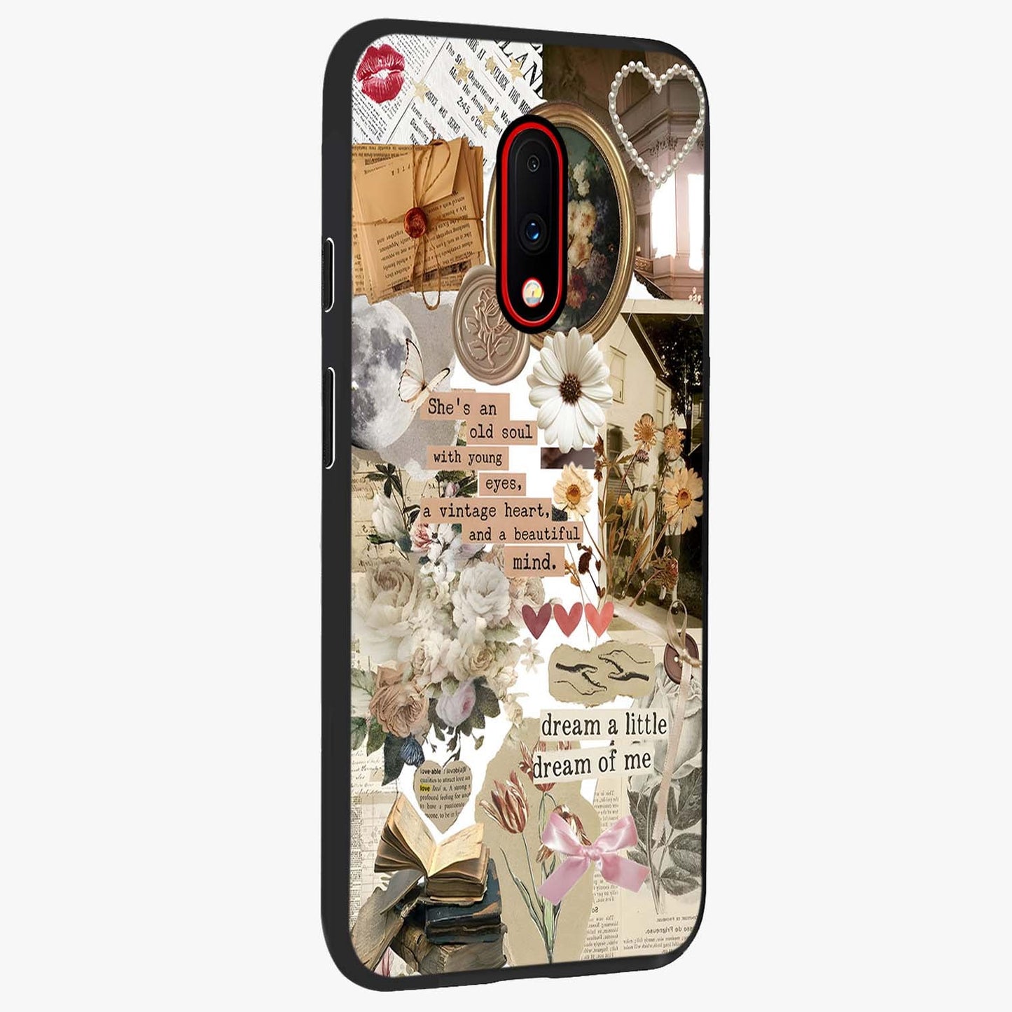 Aesthetic Brown Vintage Collage Glass Case upright view showcasing nostalgic retro artwork with stylish vintage theme.