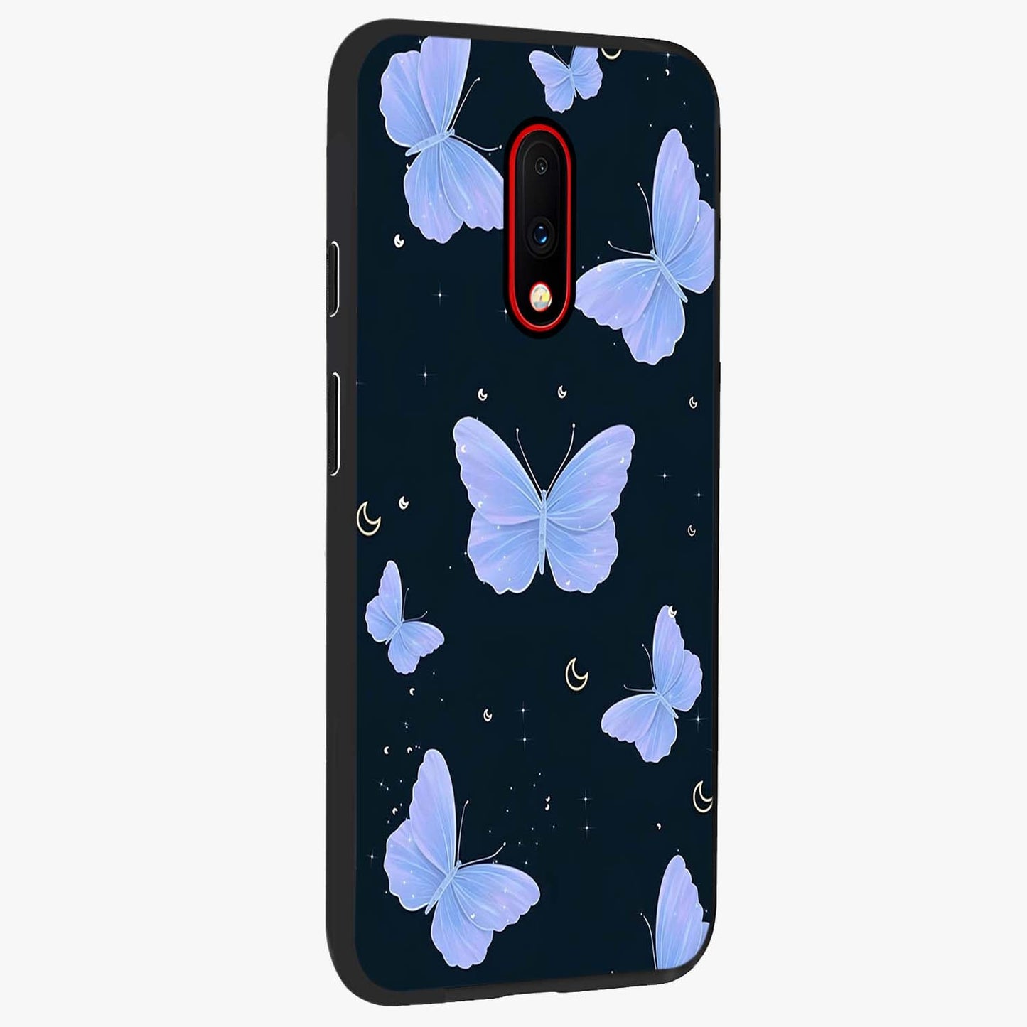 Butterfly With Stars Pattern Glass Case upright view showcasing celestial butterfly artwork with sparkling star elements.
