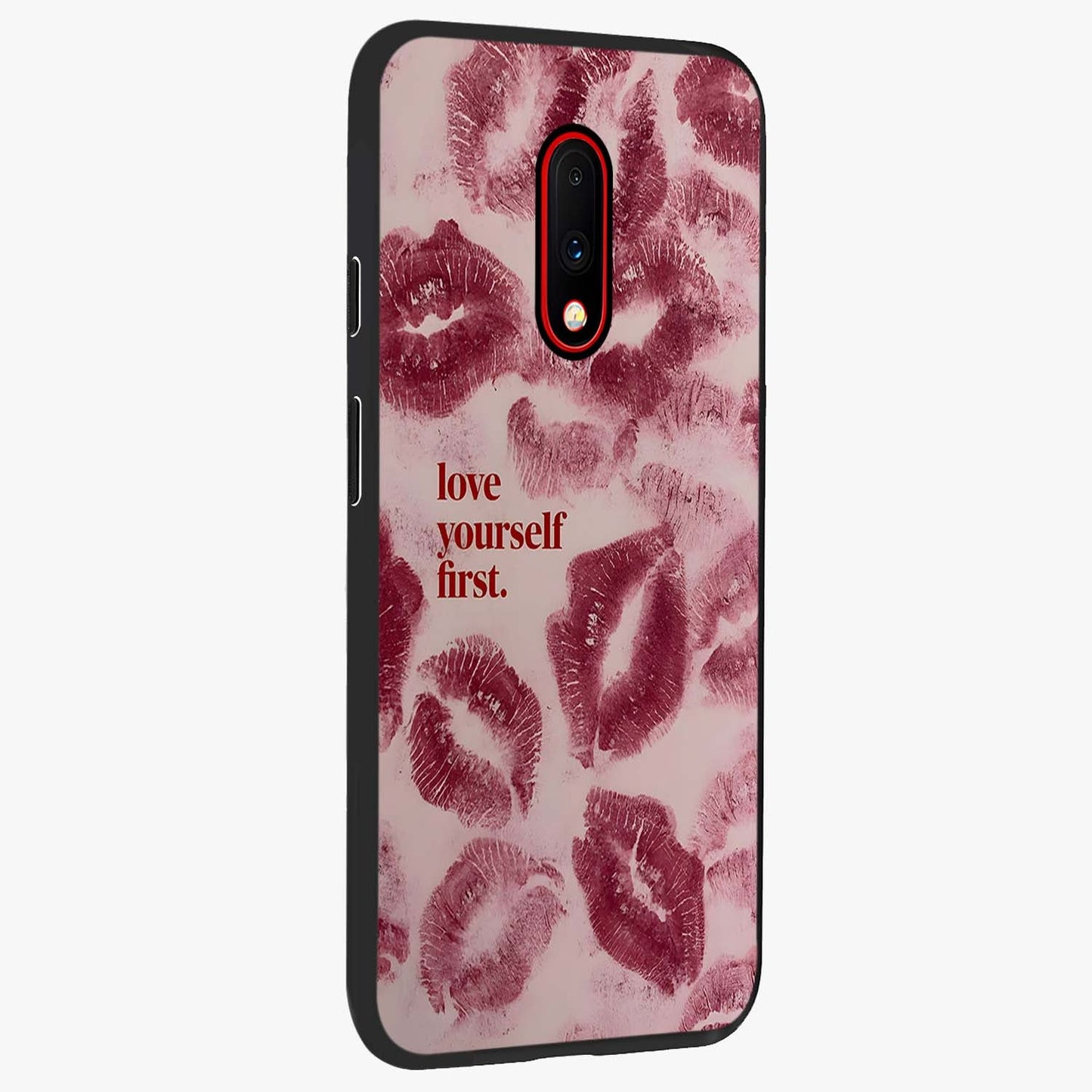 Crimson Kiss Love Glass Case upright view showcasing expressive romantic artwork with deep crimson theme.