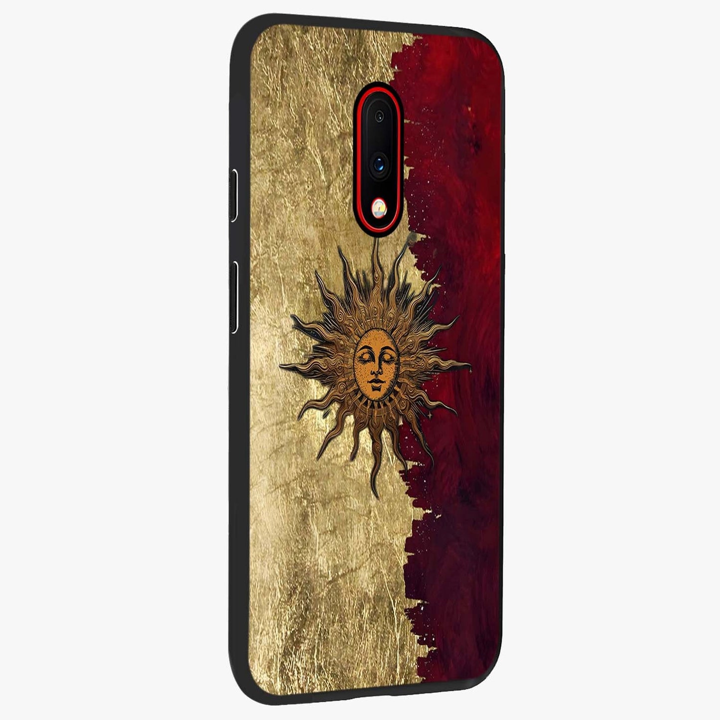 Crimson Sun Majesty Glass Case upright view showcasing vibrant sun artwork with powerful celestial theme.