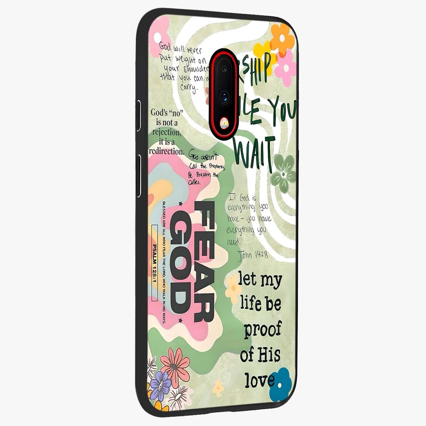 Faith Over Fear Glass Case upright view showcasing bold typography artwork with uplifting motivational theme.