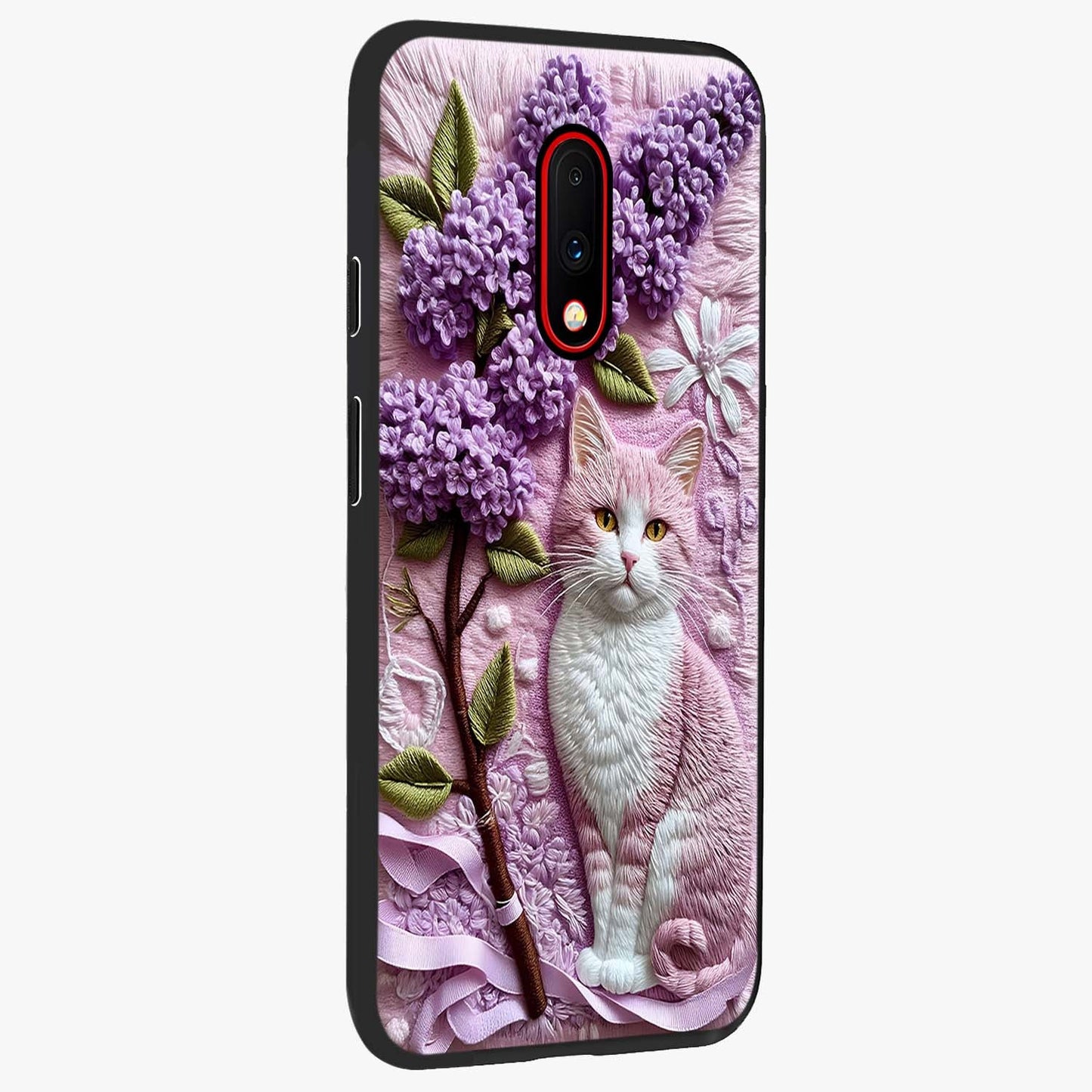 Lavender Cat Whimsy Glass Case upright view showcasing charming cat artwork with whimsical lavender theme.