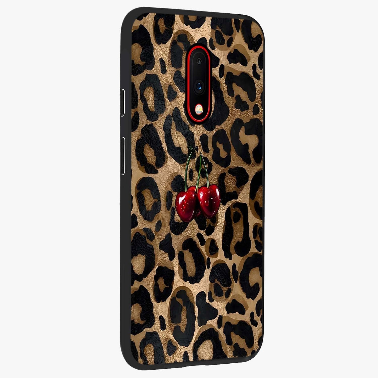 Leopard Wild Cherry Glass Case upright view showcasing stylish leopard pattern artwork with trendy fashion theme.