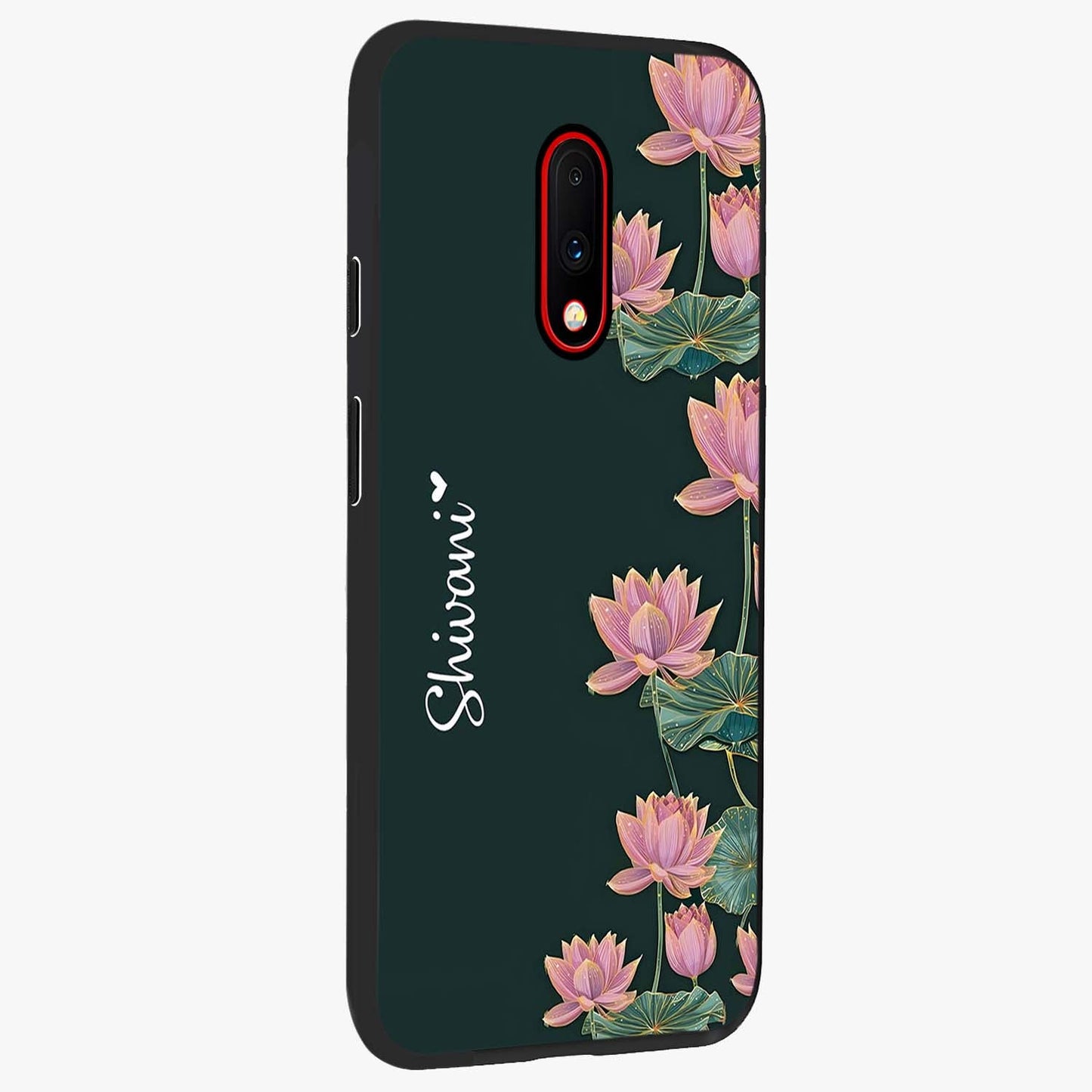 Lotus Bloom Serenity Custom Name Glass Case upright view showcasing serene lotus bloom artwork with personalized floral aesthetic.